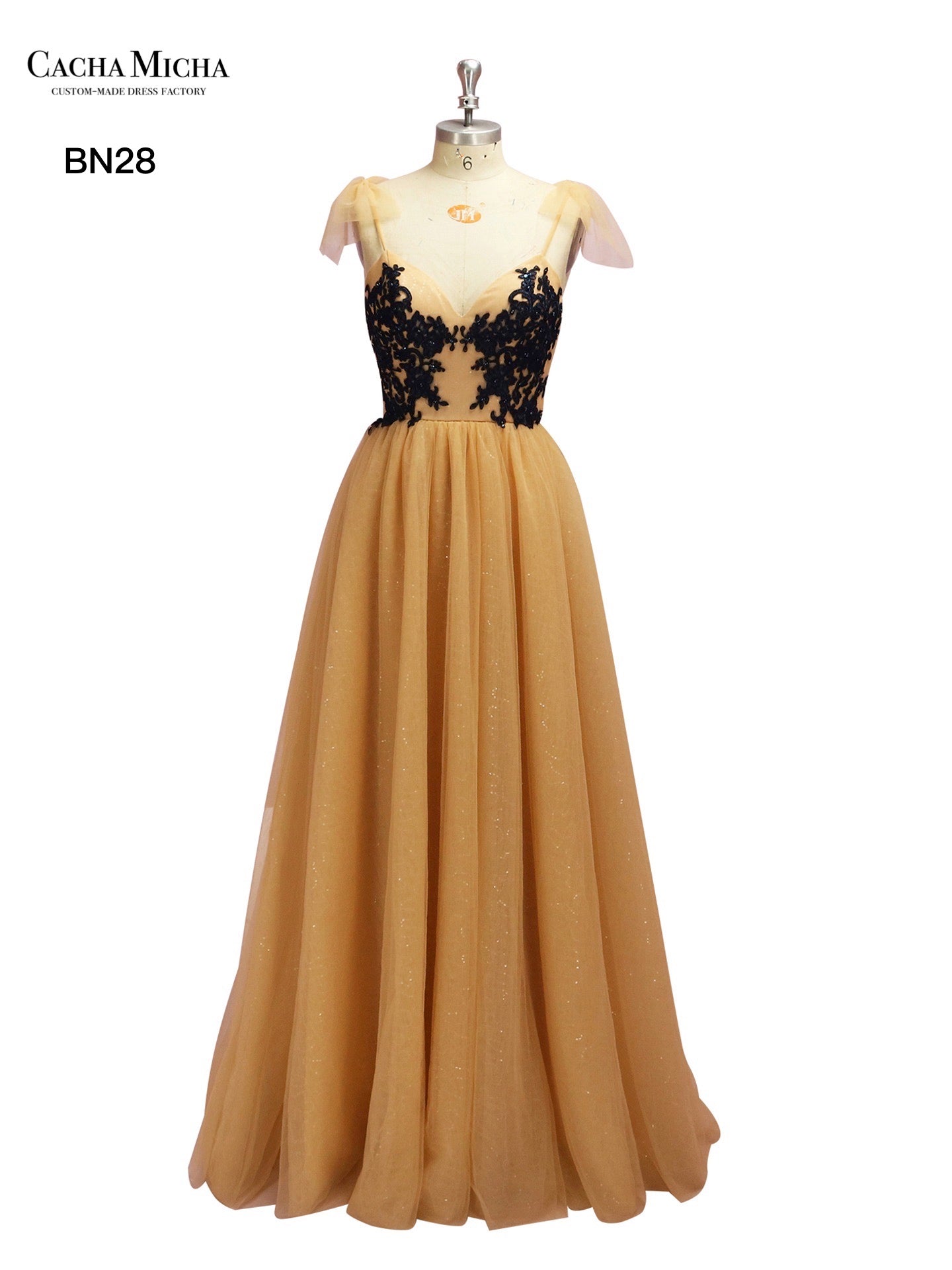 Black Lace Bow Tie Gold Bridesmaid Dress BN28