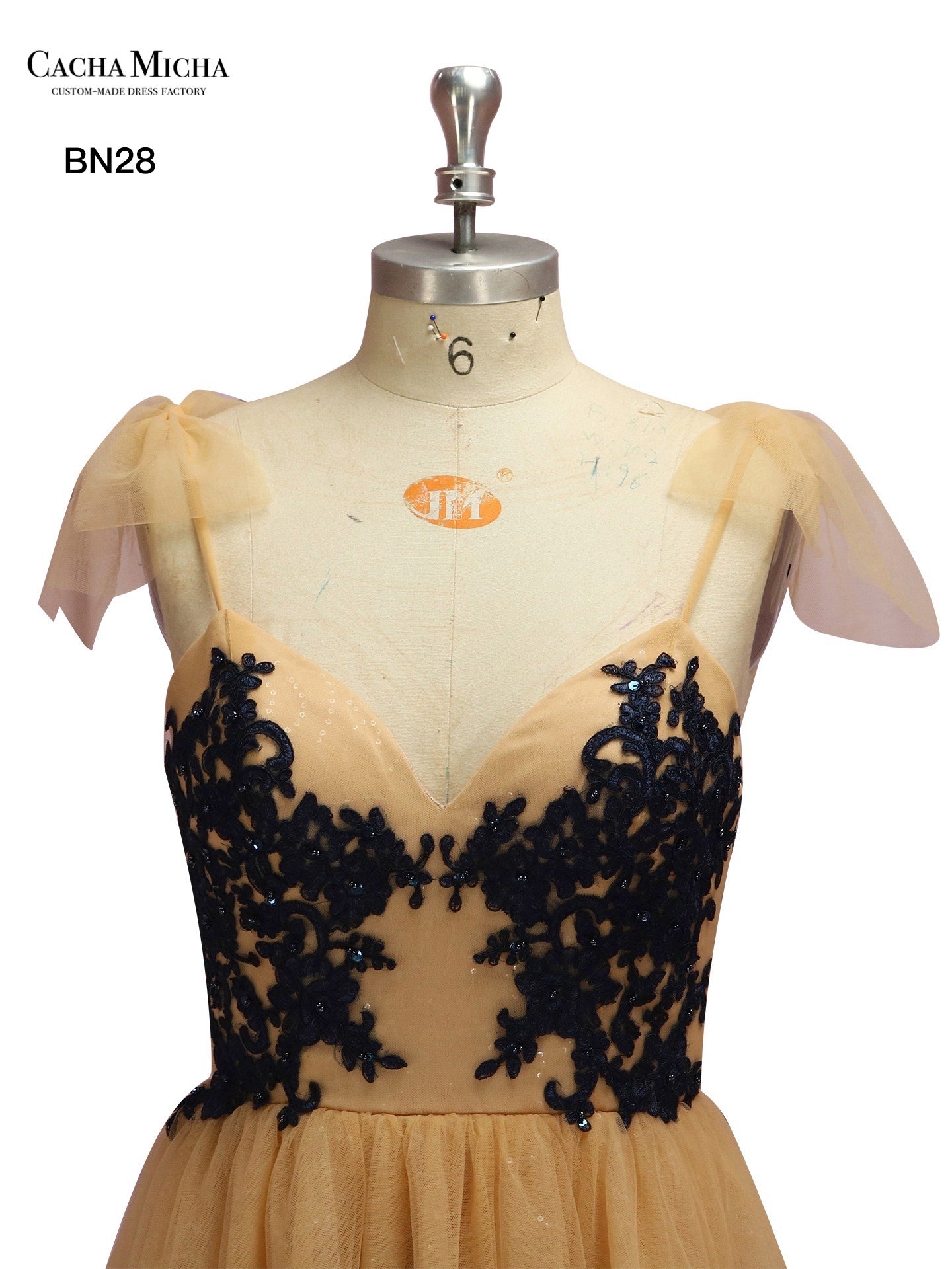Black Lace Bow Tie Gold Bridesmaid Dress BN28