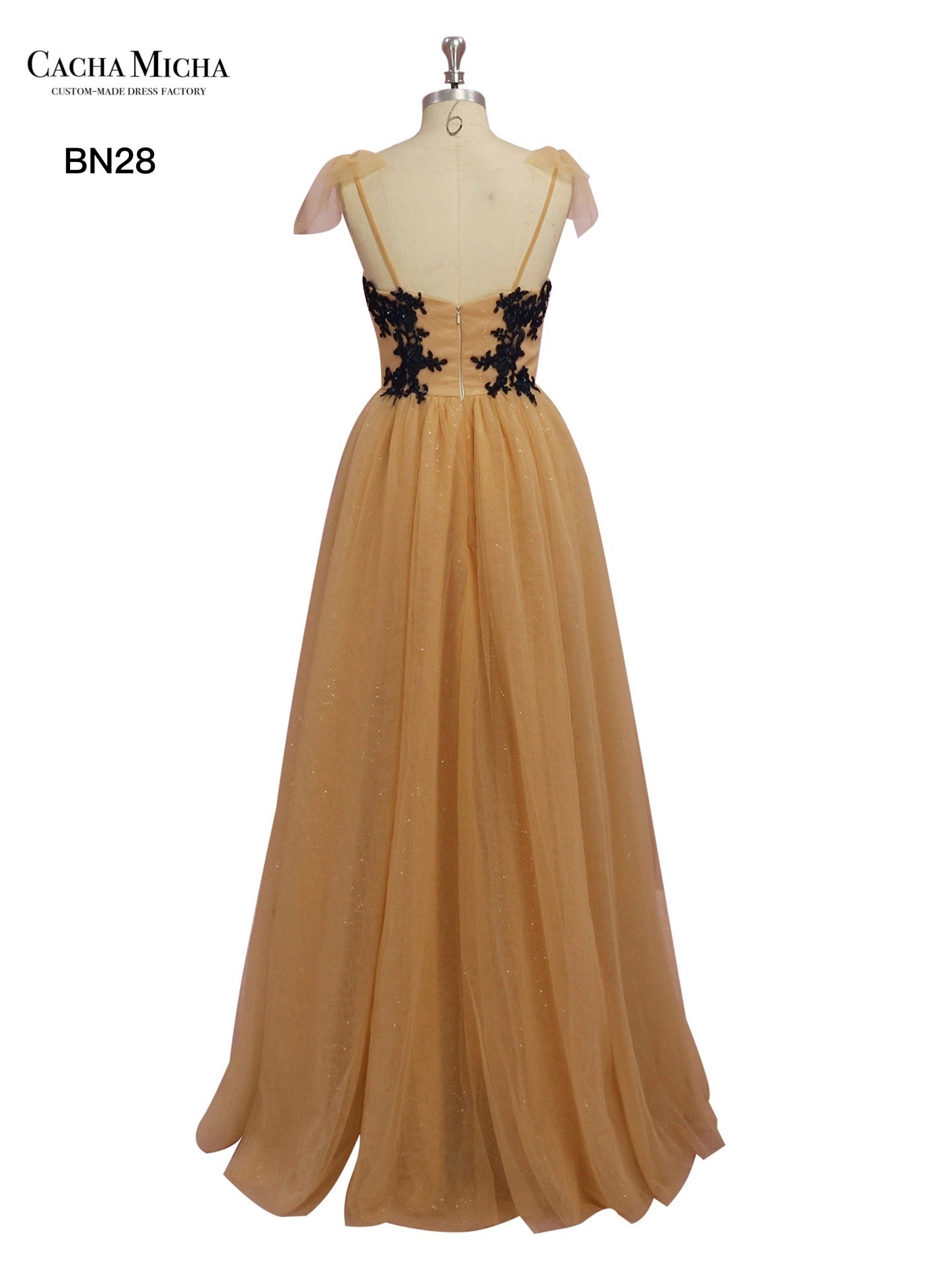 Black Lace Bow Tie Gold Bridesmaid Dress BN28
