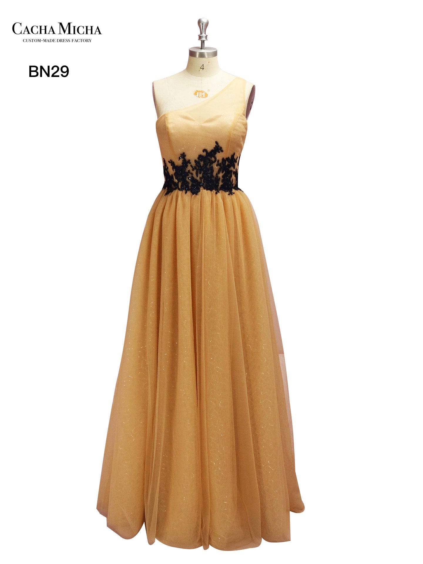 Black Lace Gold One Shoulder Bridesmaid Wedding Dress BN29