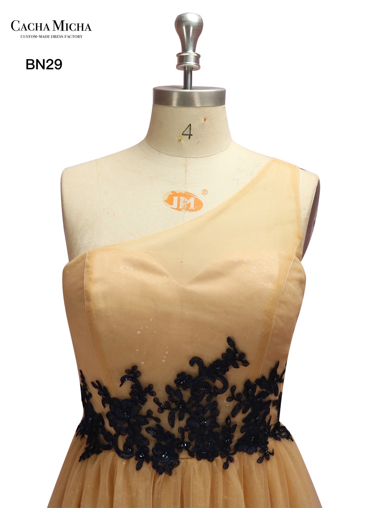 Black Lace Gold One Shoulder Bridesmaid Wedding Dress BN29