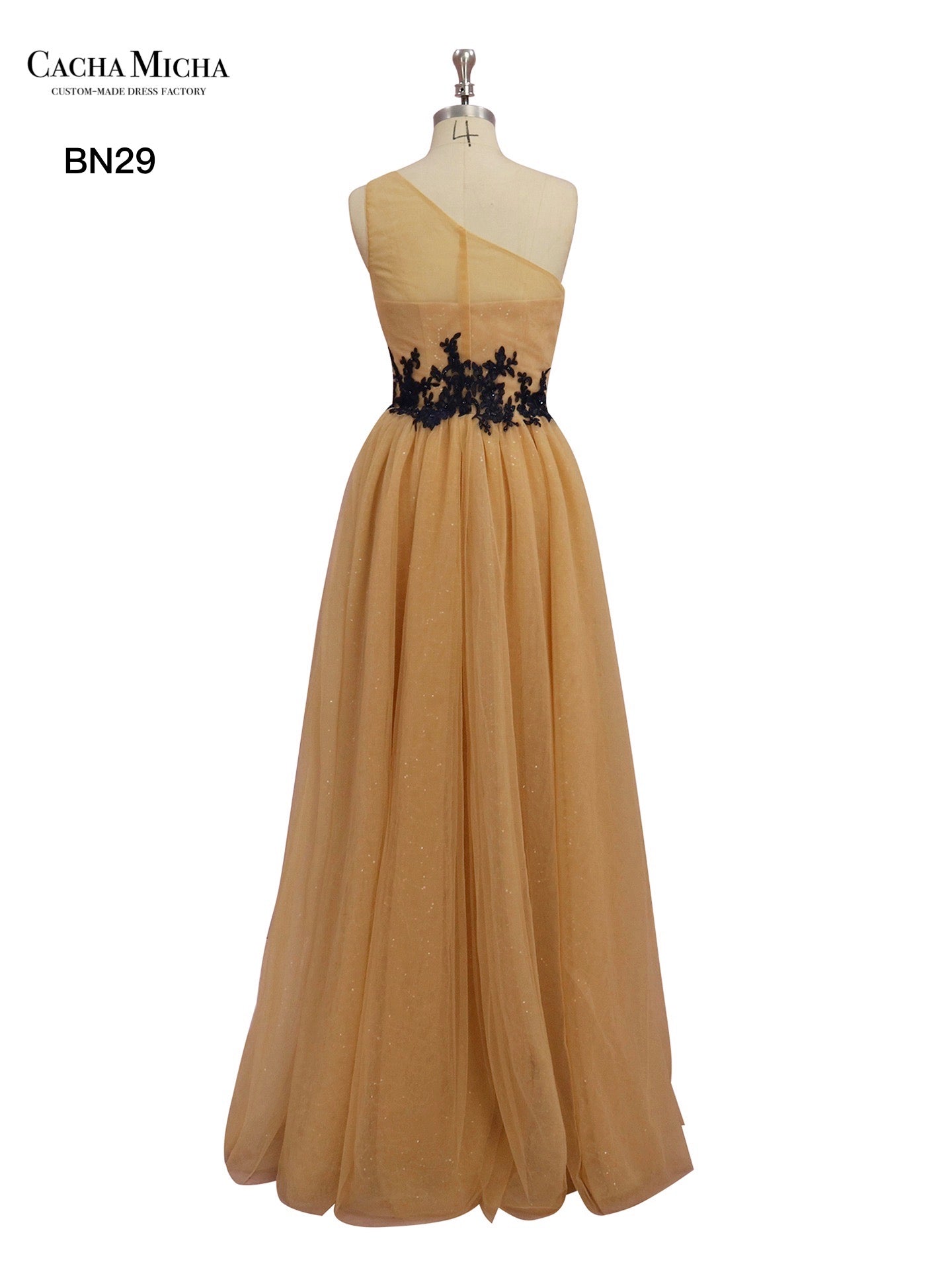Black Lace Gold One Shoulder Bridesmaid Wedding Dress BN29