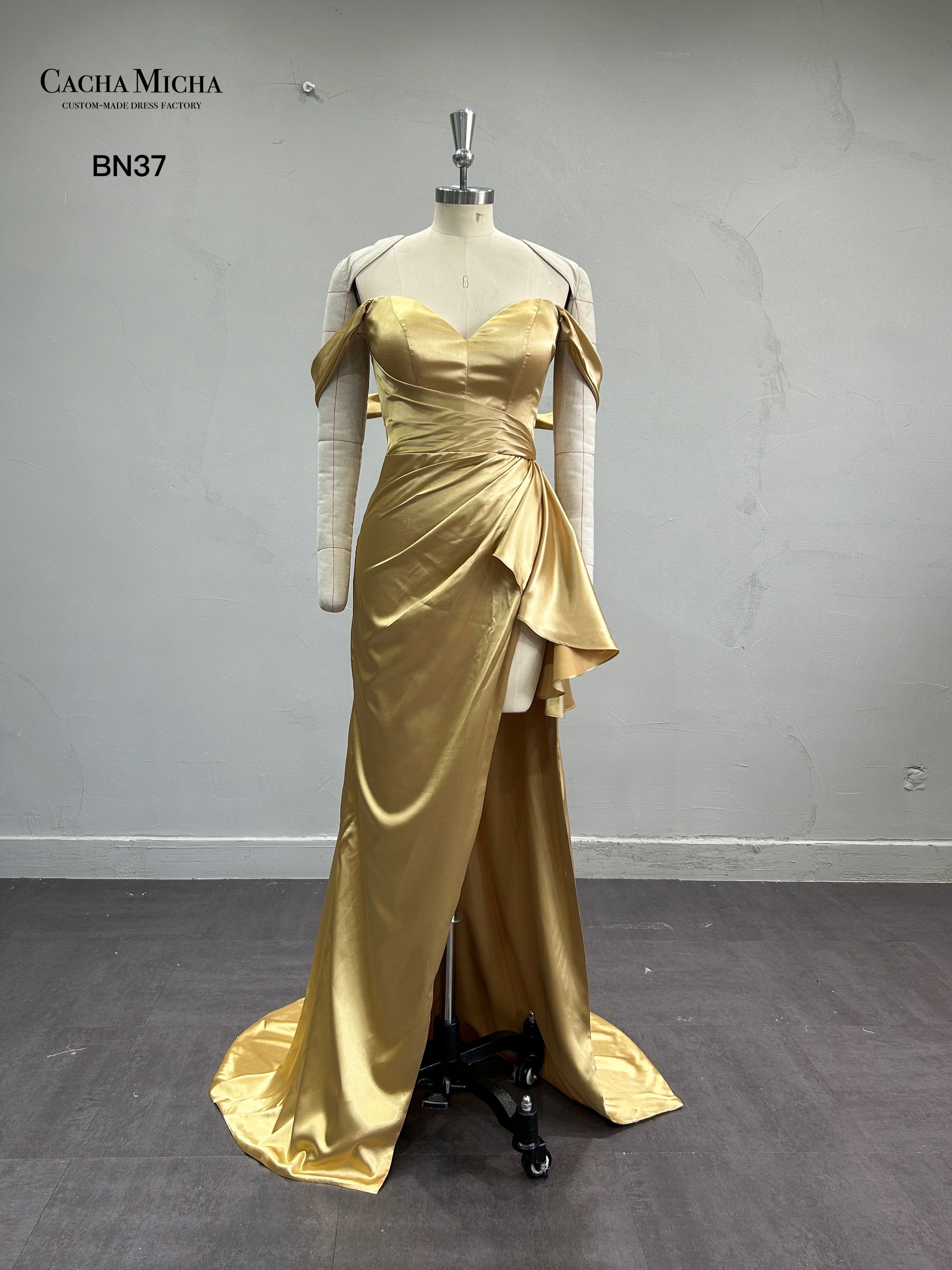 Off Shoulder Side Slit Gold Bridesmaid Dress BN37