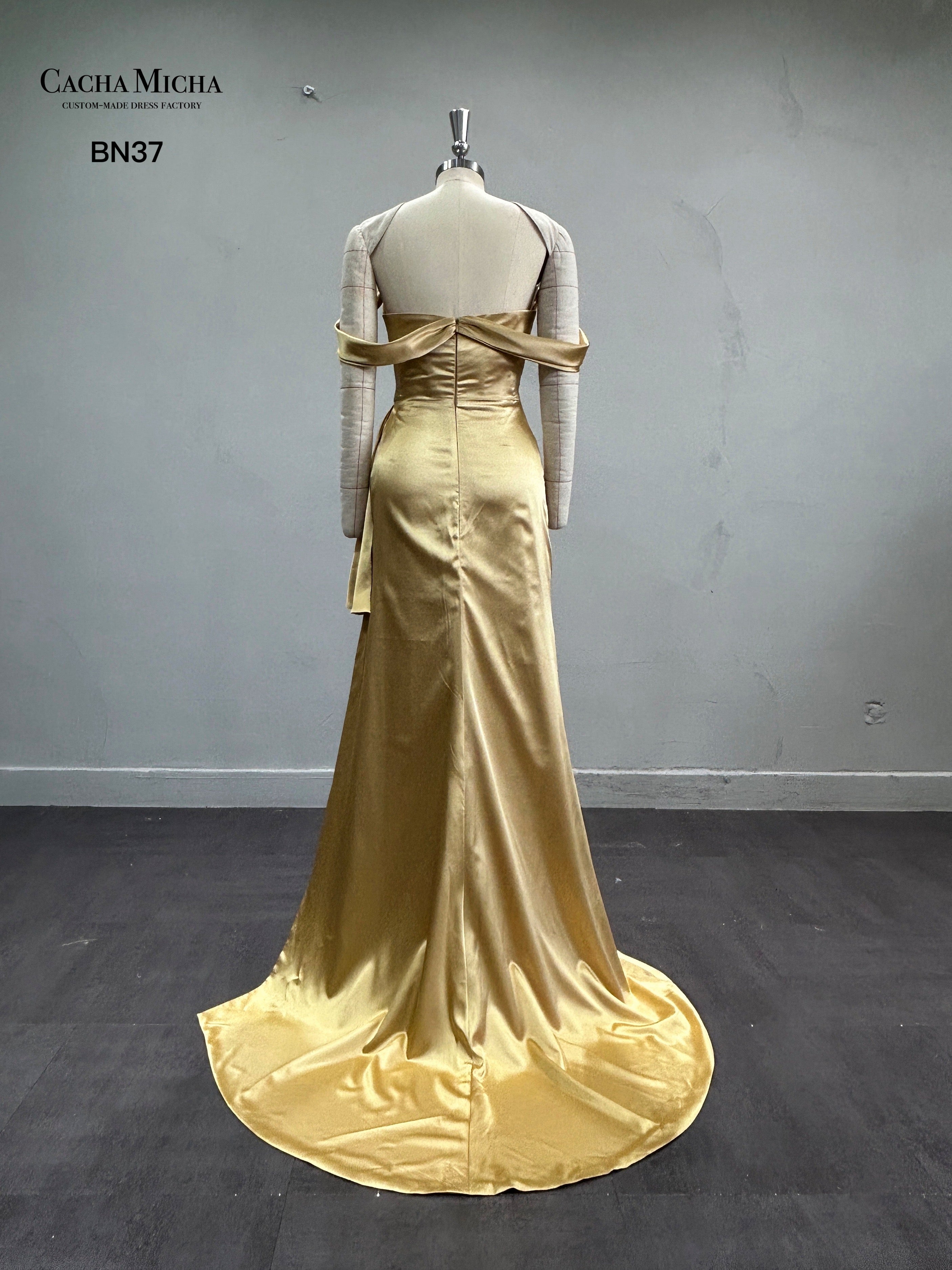 Off Shoulder Side Slit Gold Bridesmaid Dress BN37