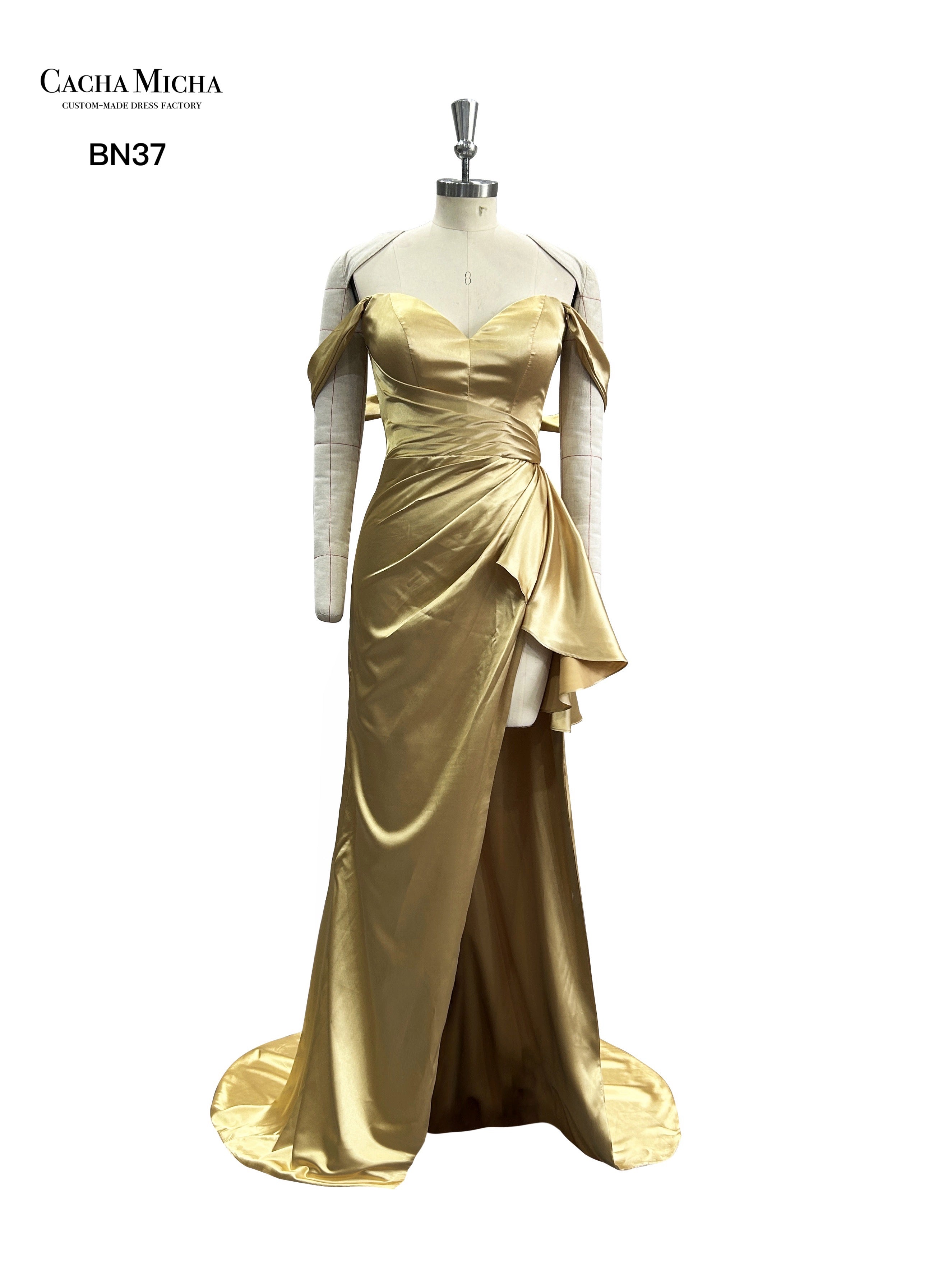 Off Shoulder Side Slit Gold Bridesmaid Dress BN37