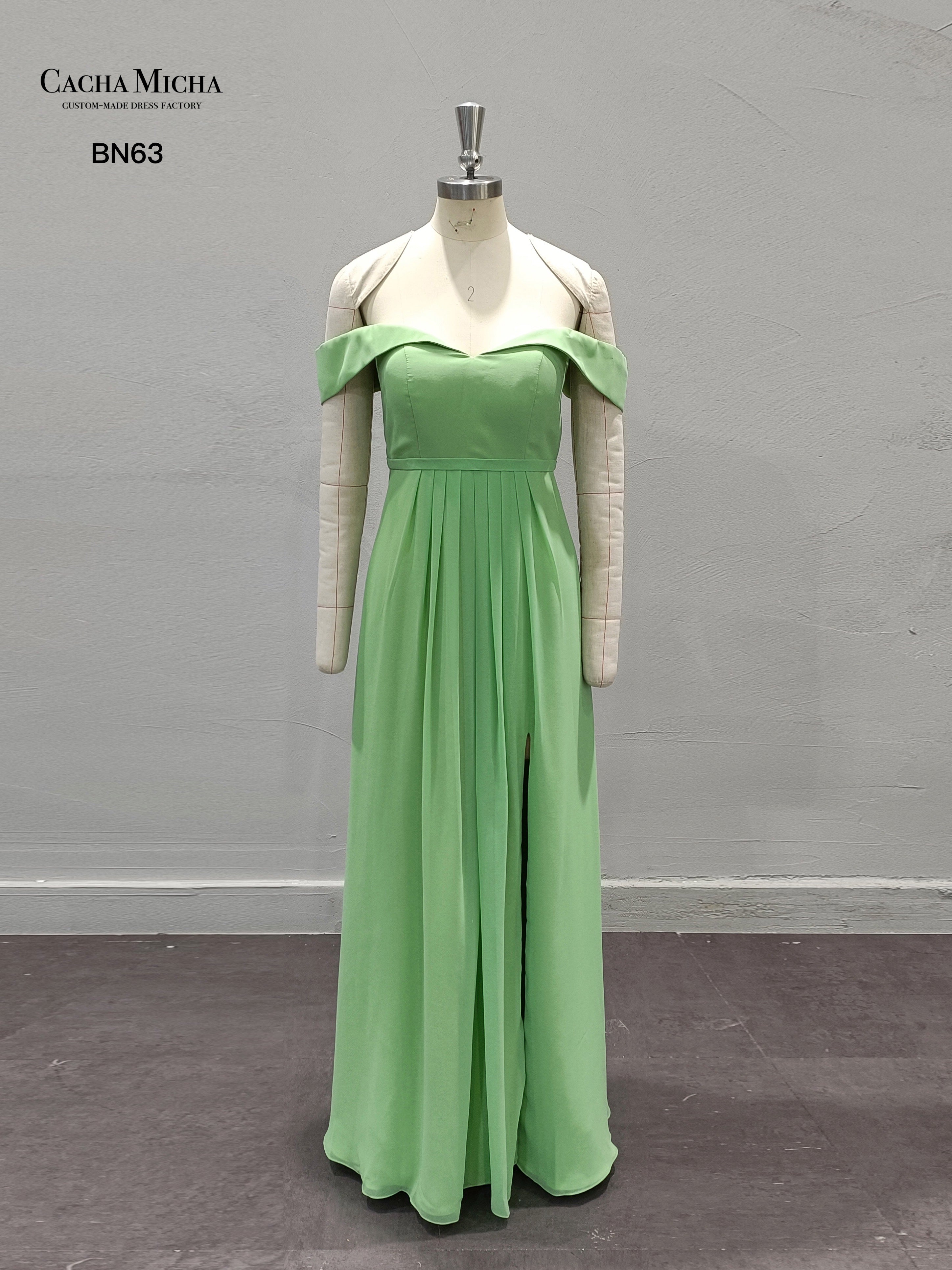 Off Shoulder Green Chiffon Bridesmaid Dress BN63