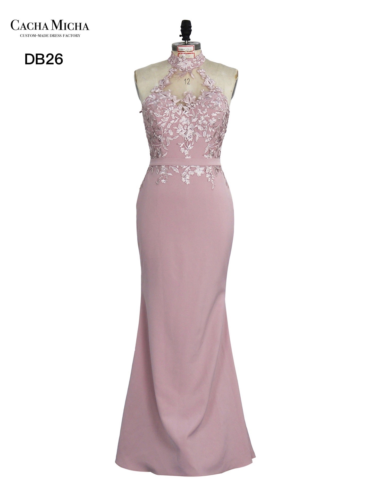 Halter Neck Lace Top Dusty Pink Crepe Bridesmaid Dress DB26
