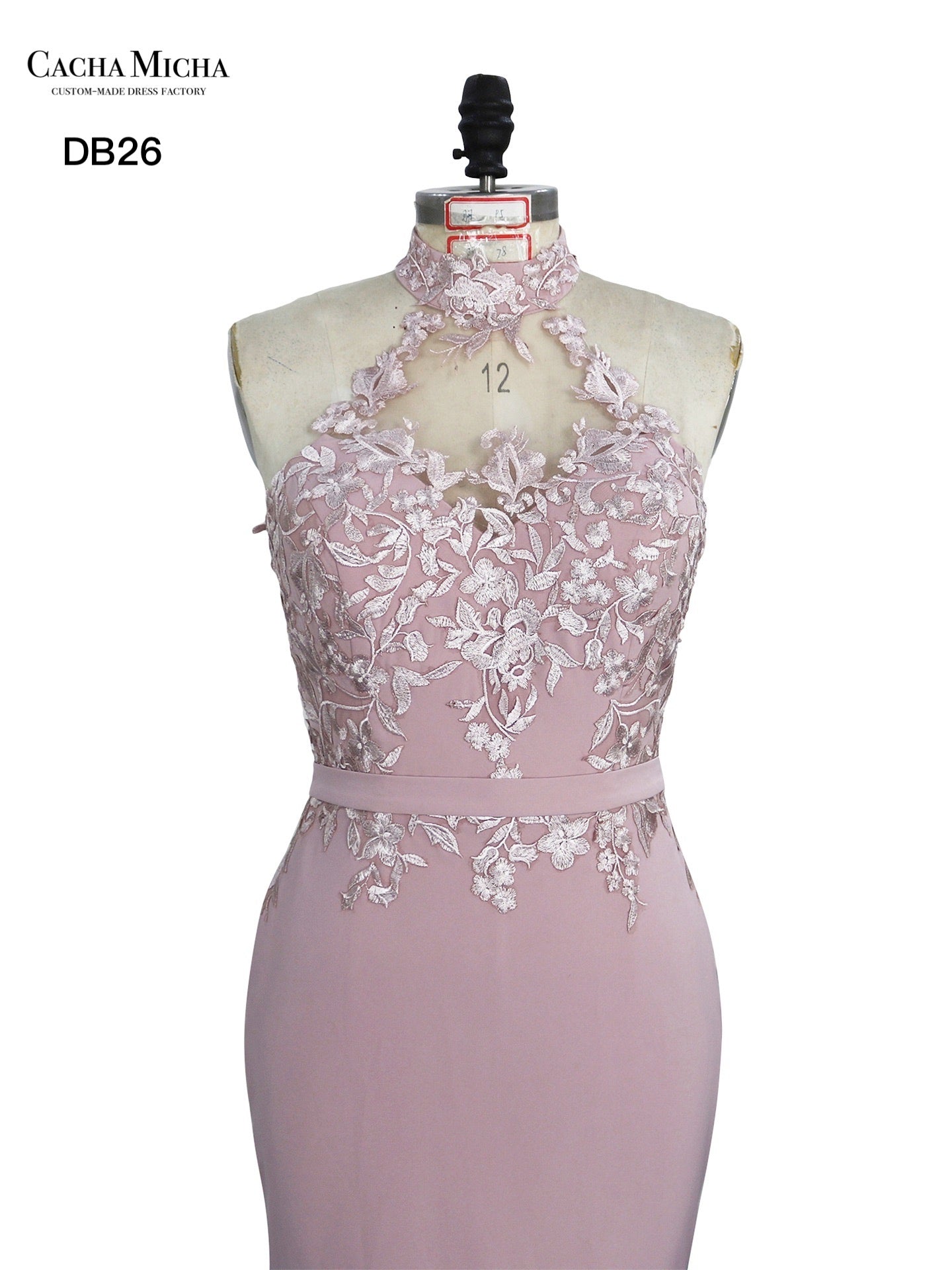 Halter Neck Lace Top Dusty Pink Crepe Bridesmaid Dress DB26