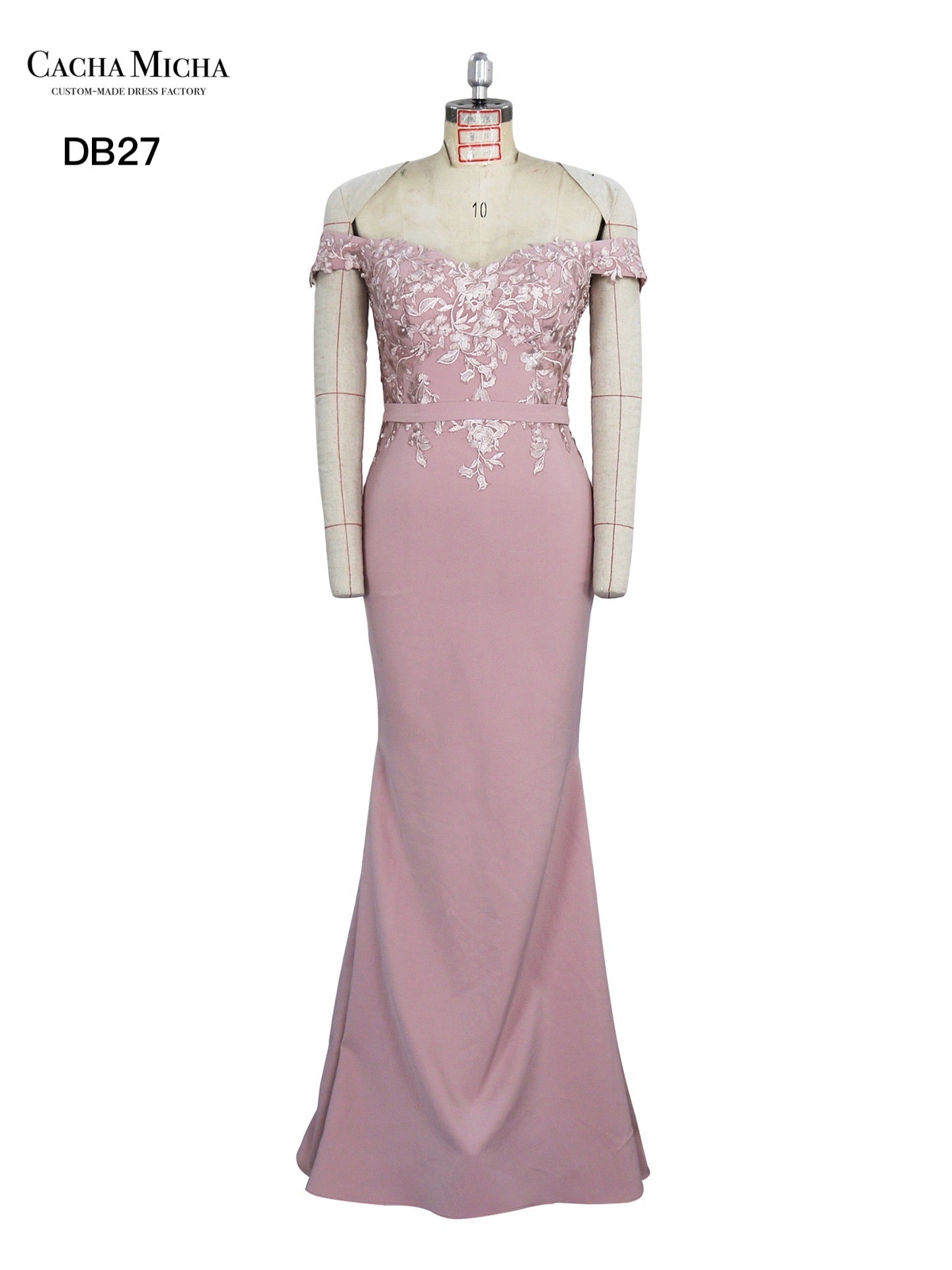 Off Shoulder Lace Top Dusty Pink Crepe Bridesmaid Dress DB27