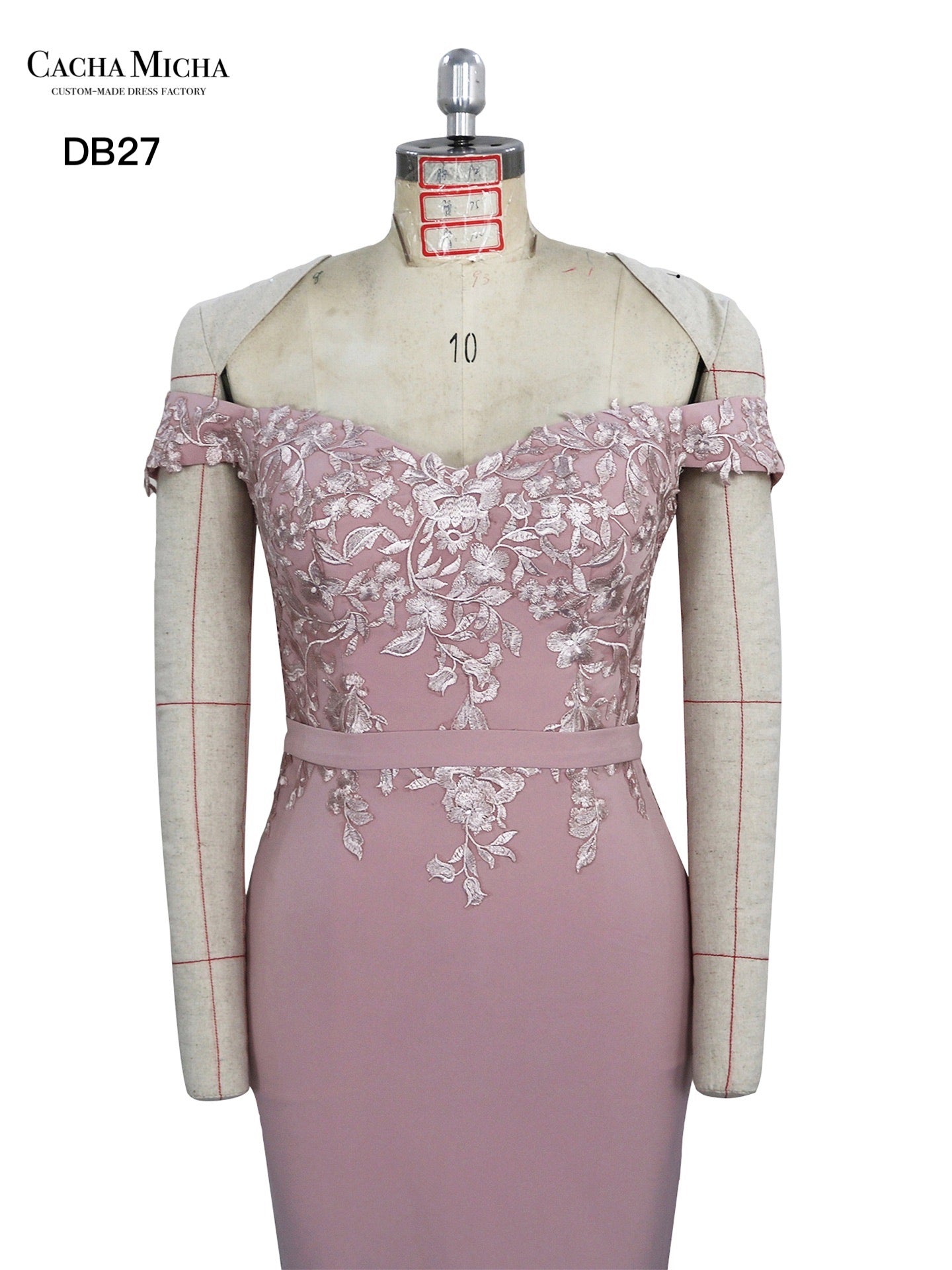 Off Shoulder Lace Top Dusty Pink Crepe Bridesmaid Dress DB27