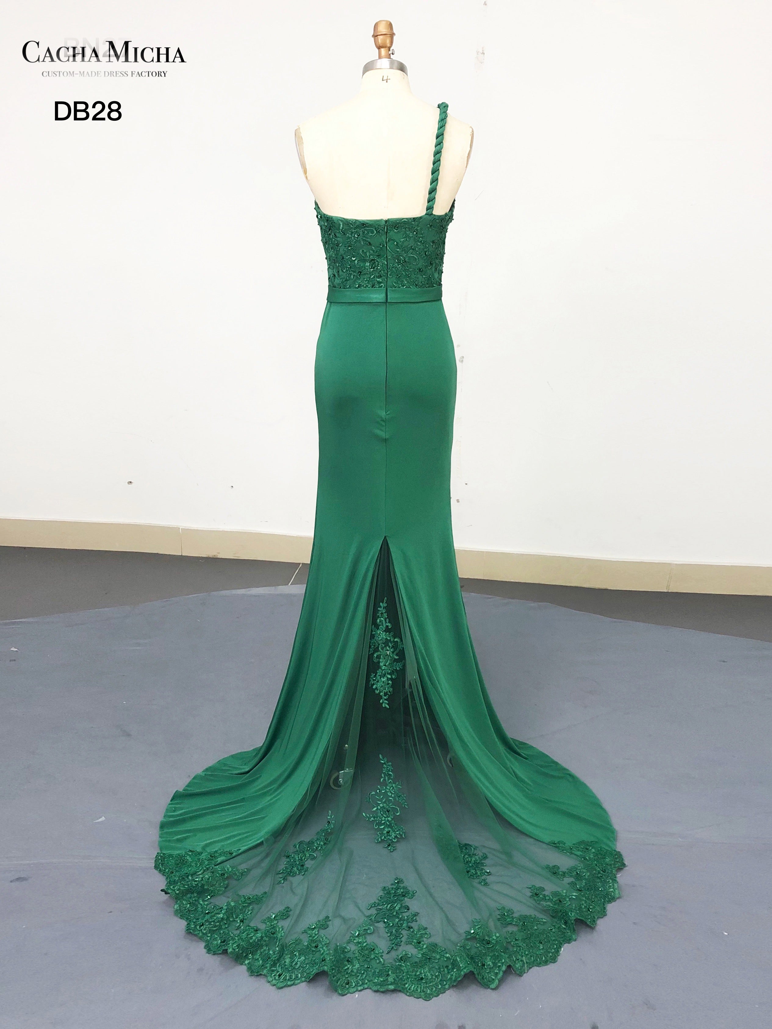 One Shoulder Lace train Green Bridemaid Dress DB28