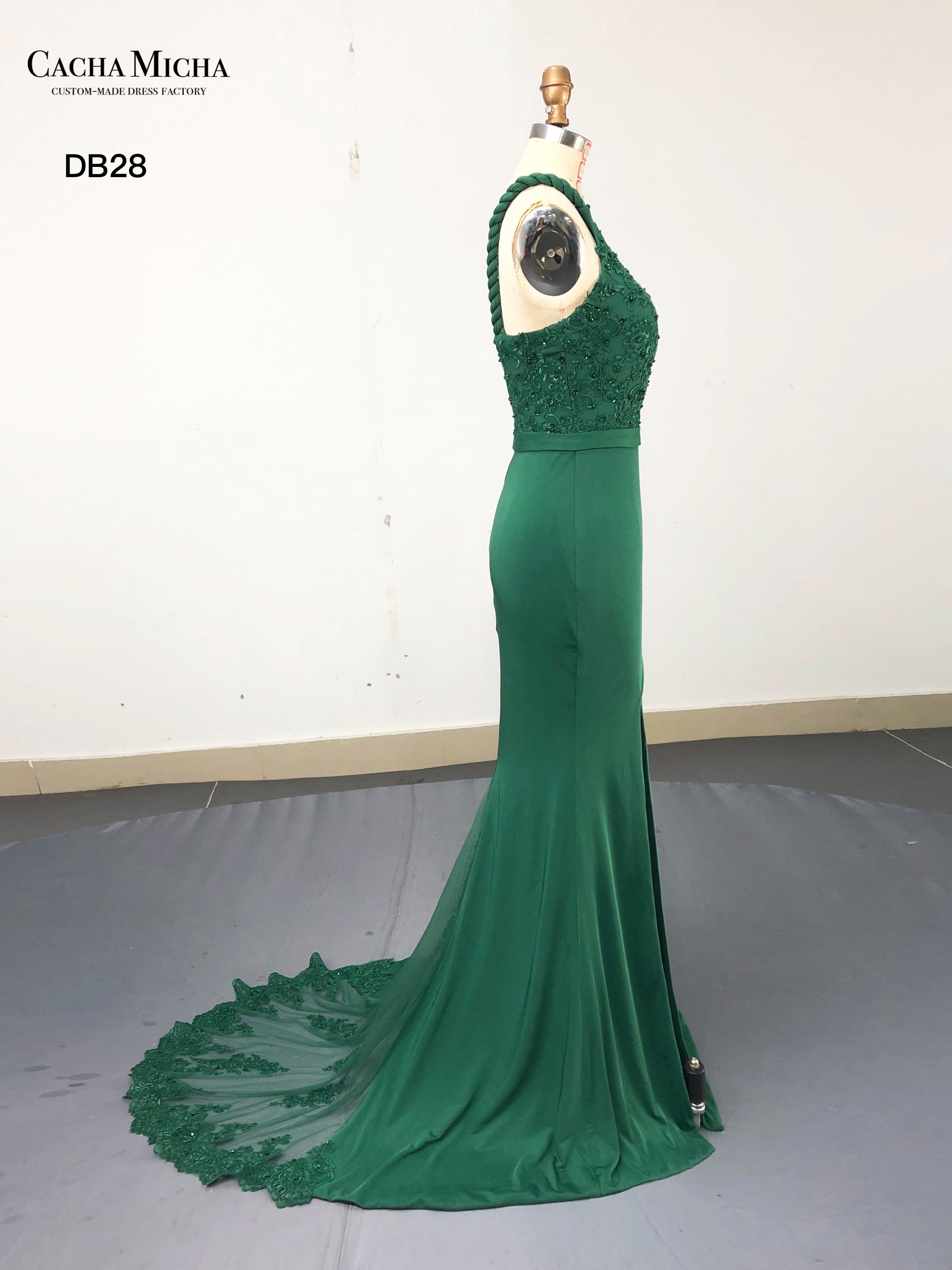One Shoulder Lace train Green Bridemaid Dress DB28