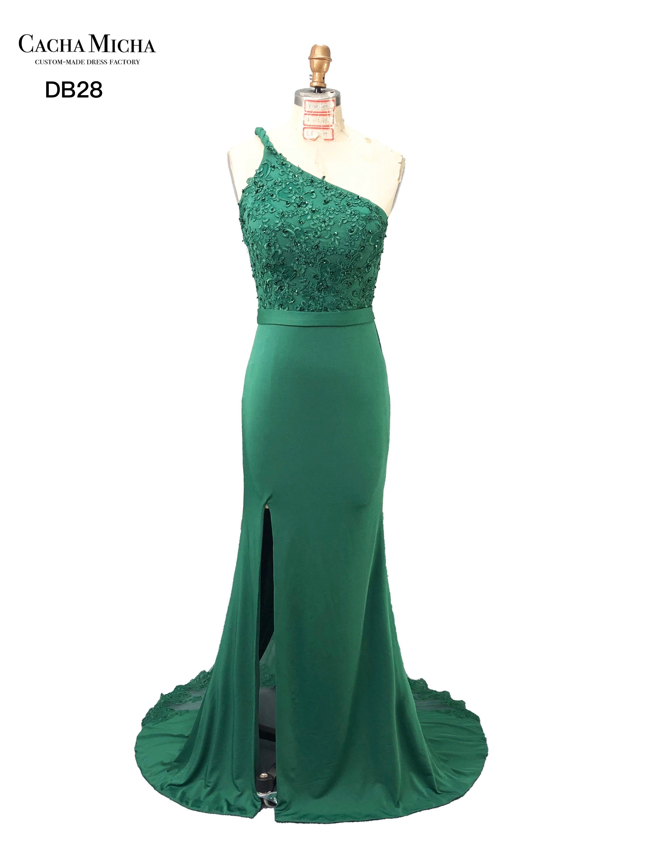 One Shoulder Lace train Green Bridemaid Dress DB28