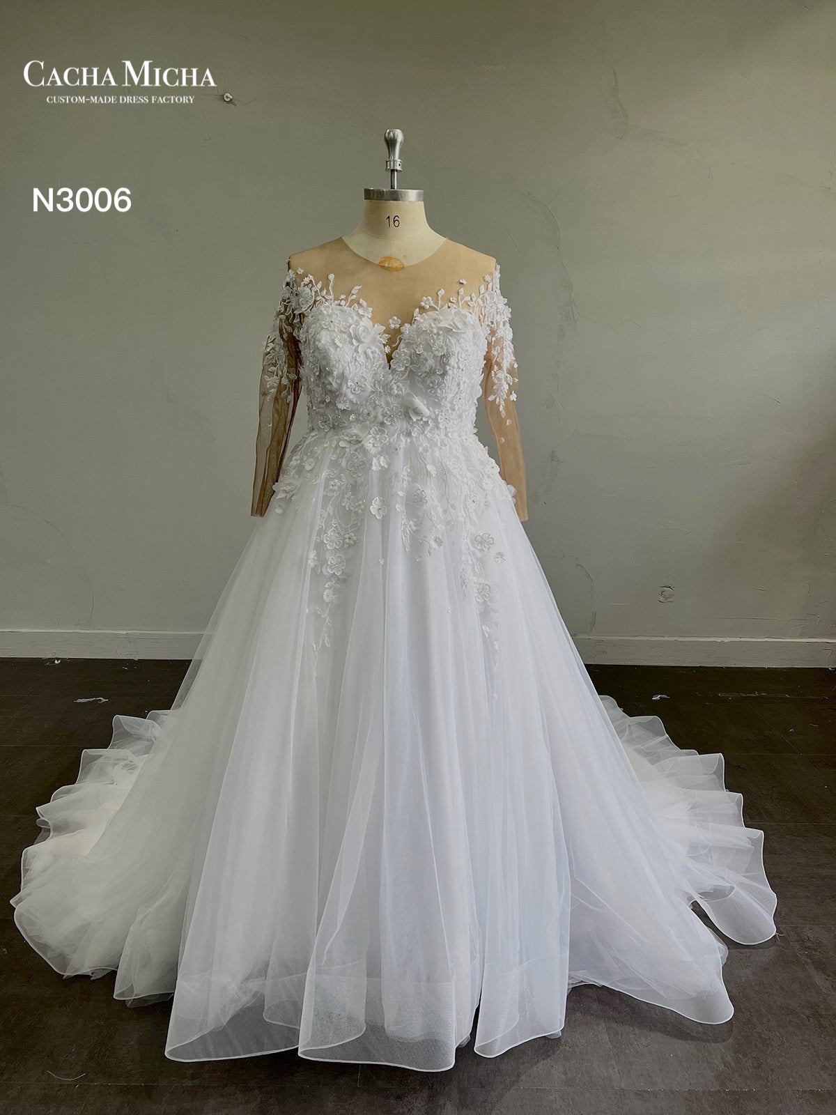 Long sleeves 3D Flower A Line Wedding Dress N3006