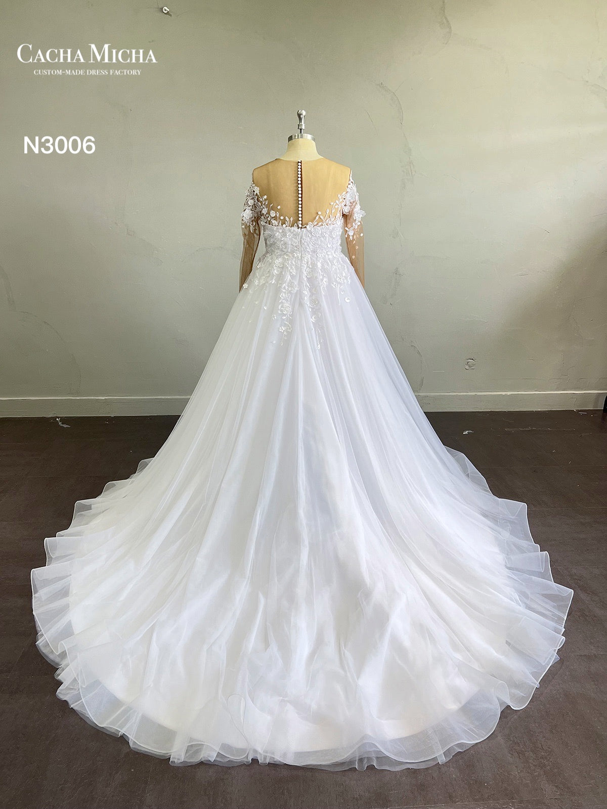 Long sleeves 3D Flower A Line Wedding Dress N3006