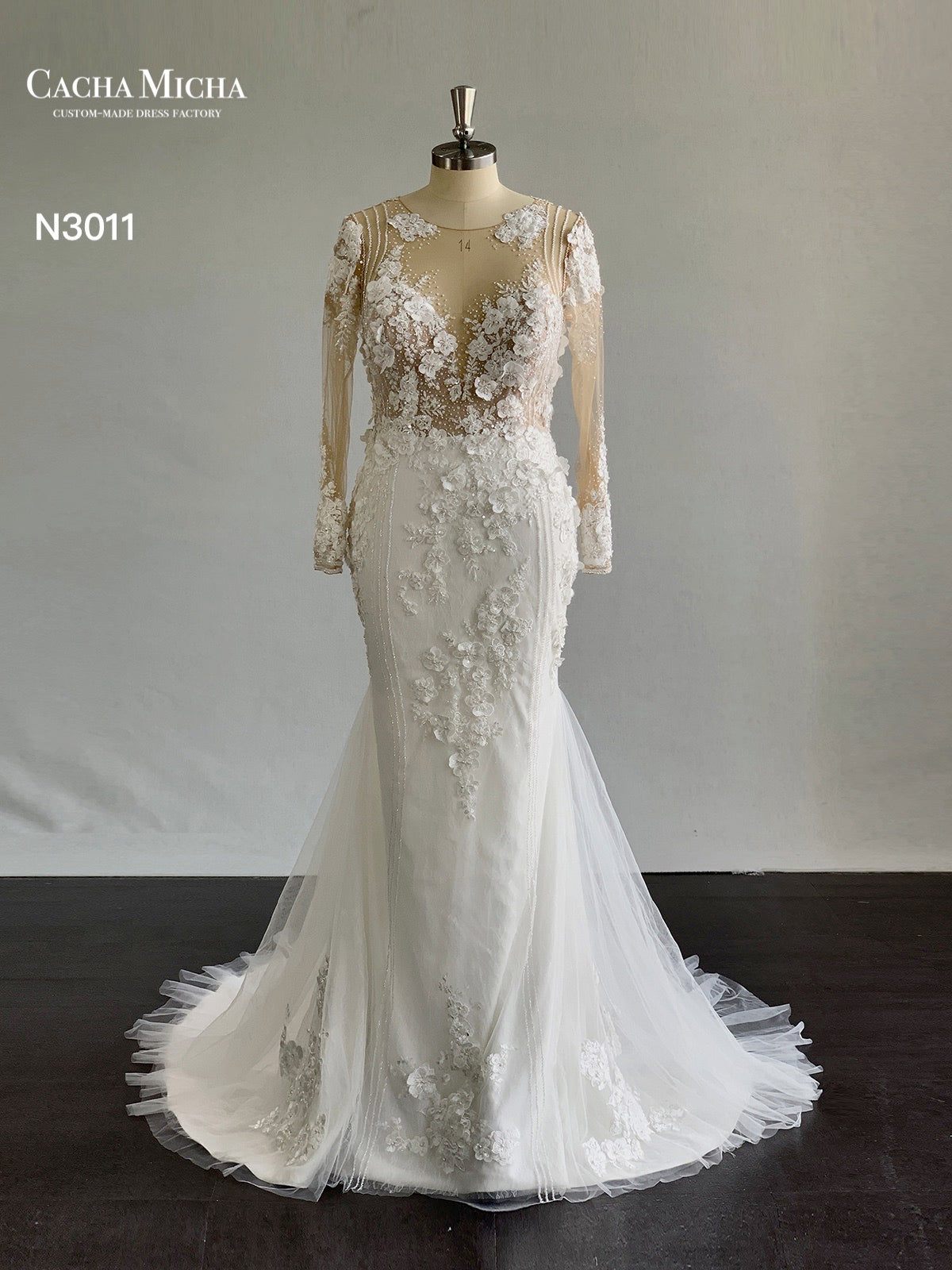 Heavy Beaded 3D Lace Long Sleeves 2 In 1 Wedding Dress N3011