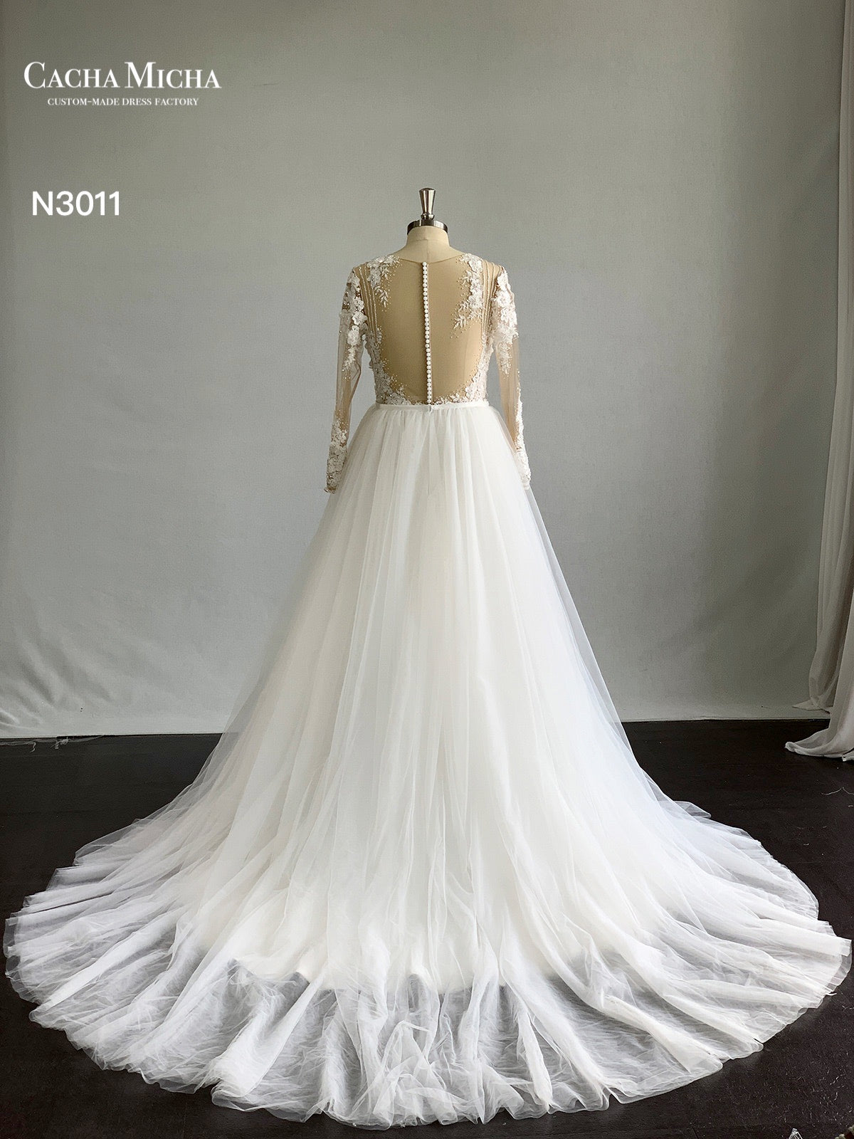 Heavy Beaded 3D Lace Long Sleeves 2 In 1 Wedding Dress N3011