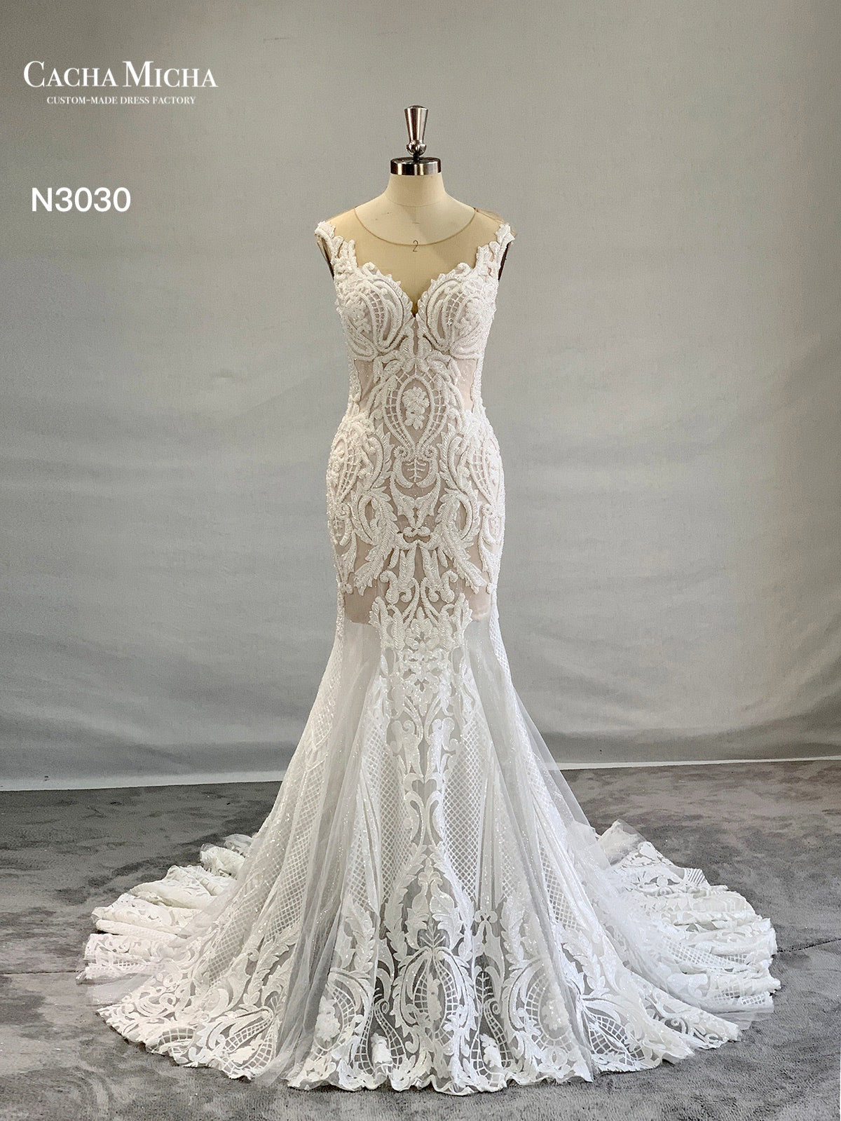 Heavy Beaded Lace Mermaid Wedding Dress N3030