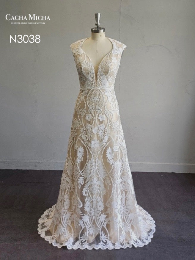 Cap Sleeves Champagne Color Lace Boho Wedding Dress N3038