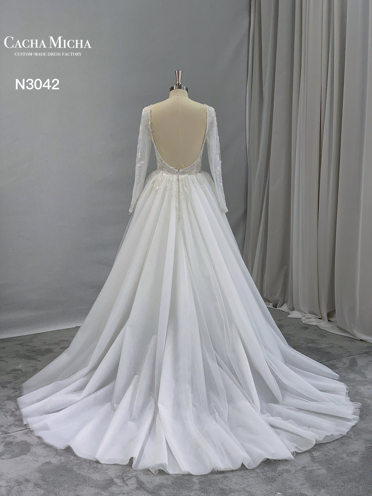 Heavy Beaded Long Sleeves Backless Wedding Dress N3042