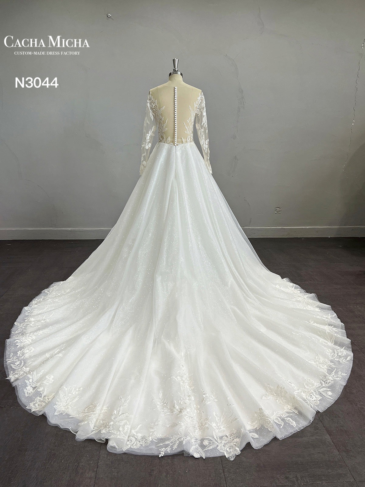 Glitter Skirt Lace Long Sleeves Ball Gown Wedding Dress N3044