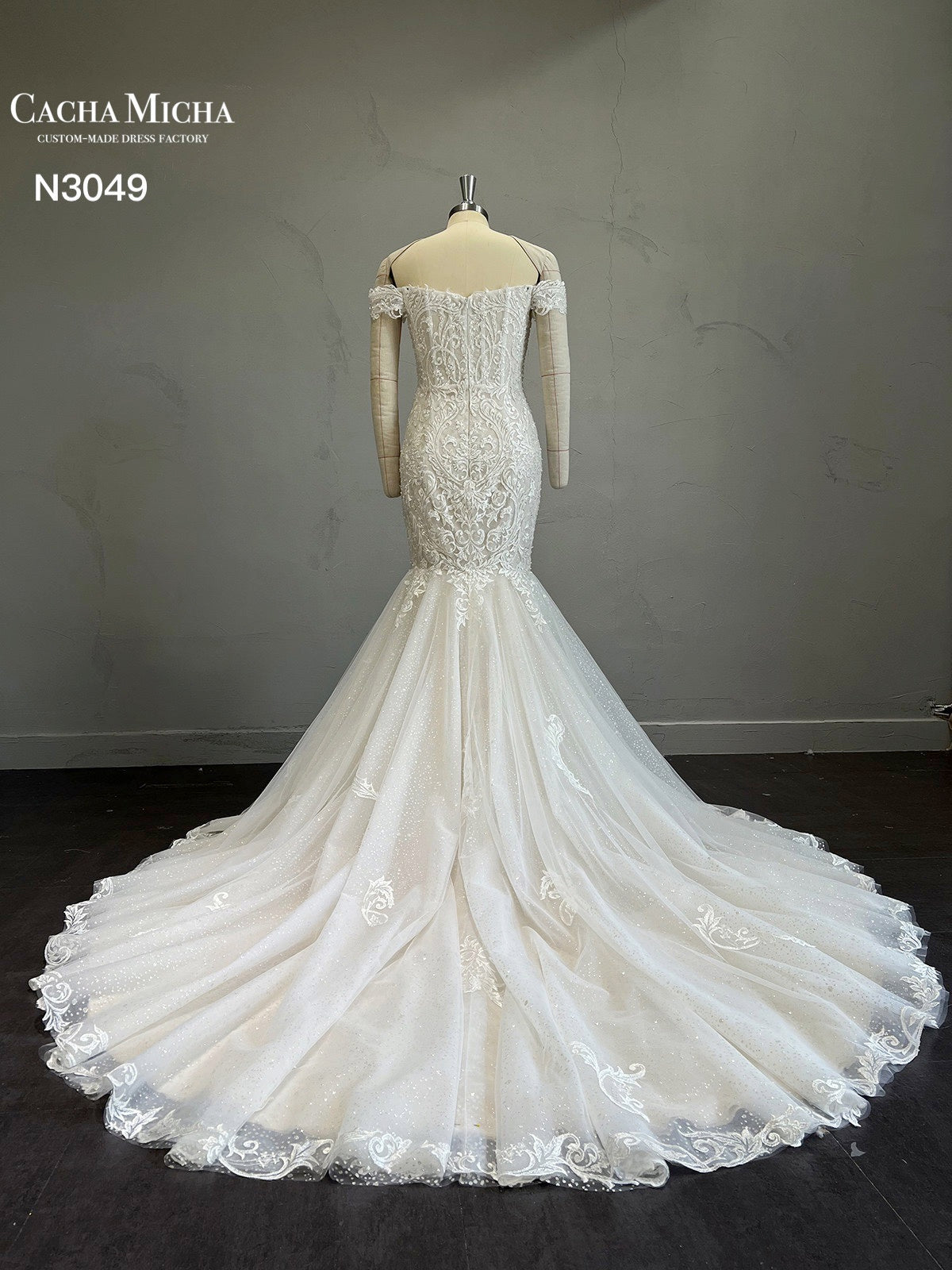 Champagne Lining Off The Shoulder Lace Mermaid Wedding Dress N3049