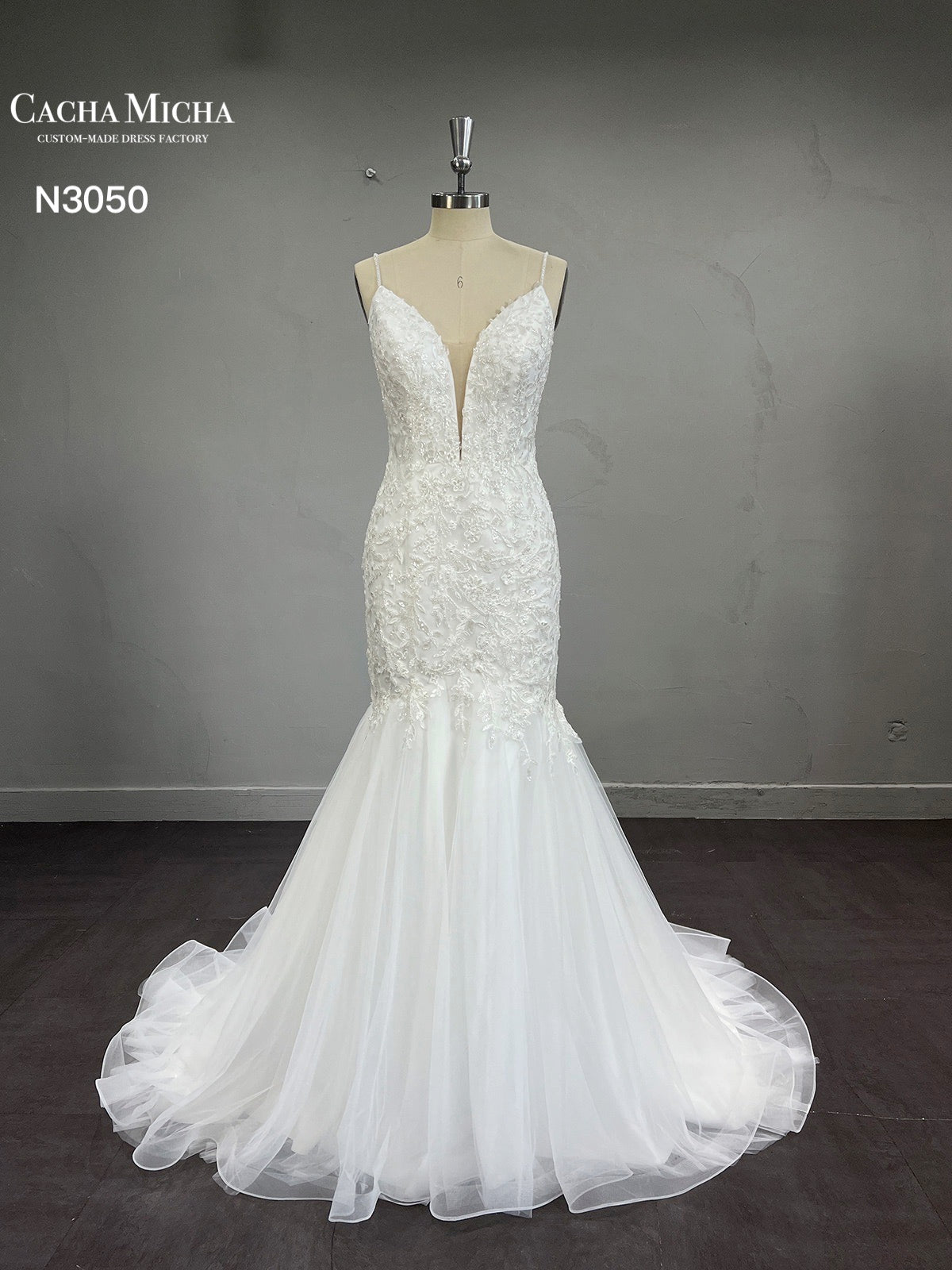 Plunge Neckline Beaded Lace Trumpet Wedding Dress N3050