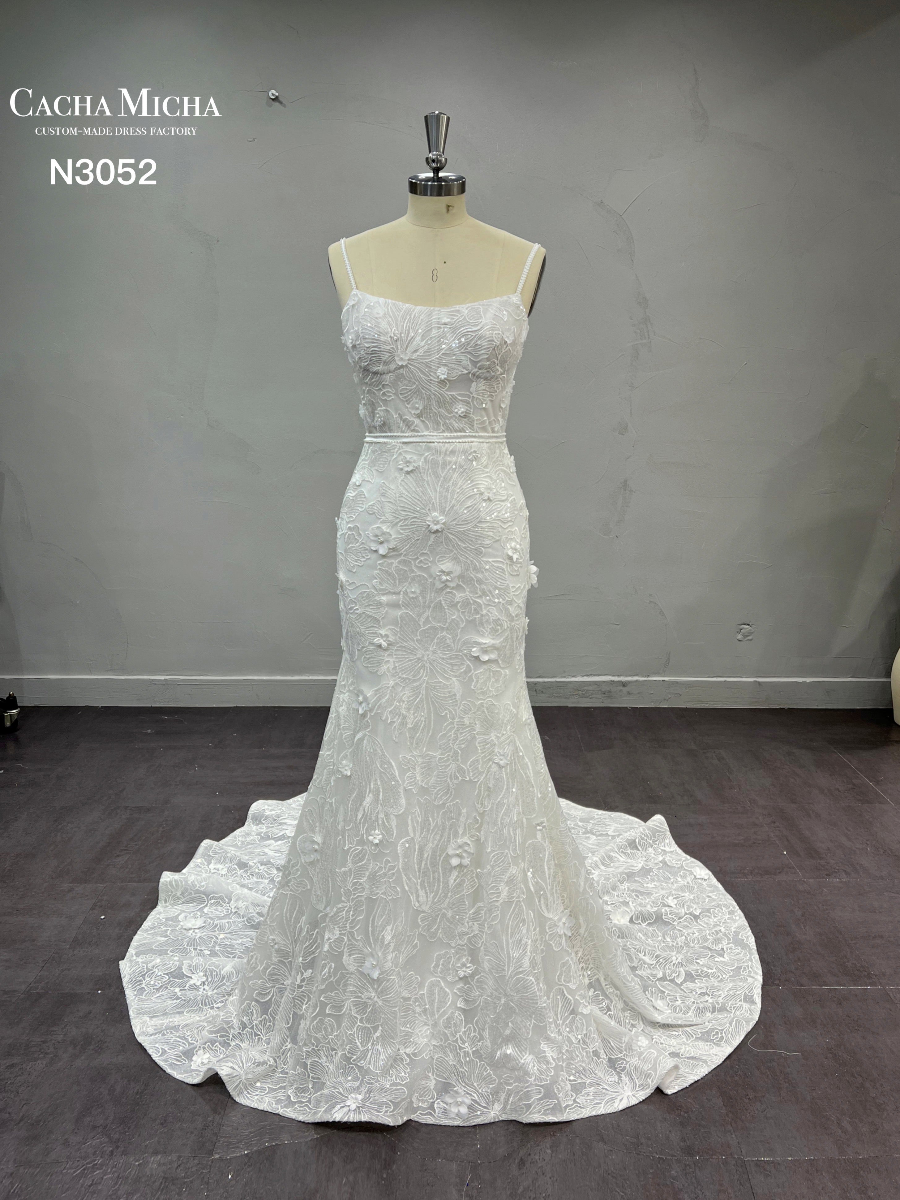 3D Flowers Square Neckline Lace Wedding Dress N3052