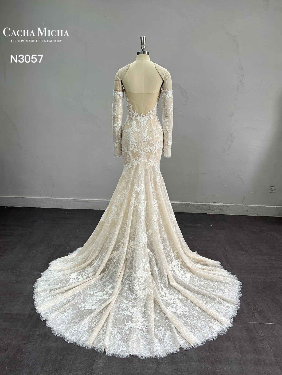High End Long Sleeves Champagne Mermaid Wedding Dress N3057