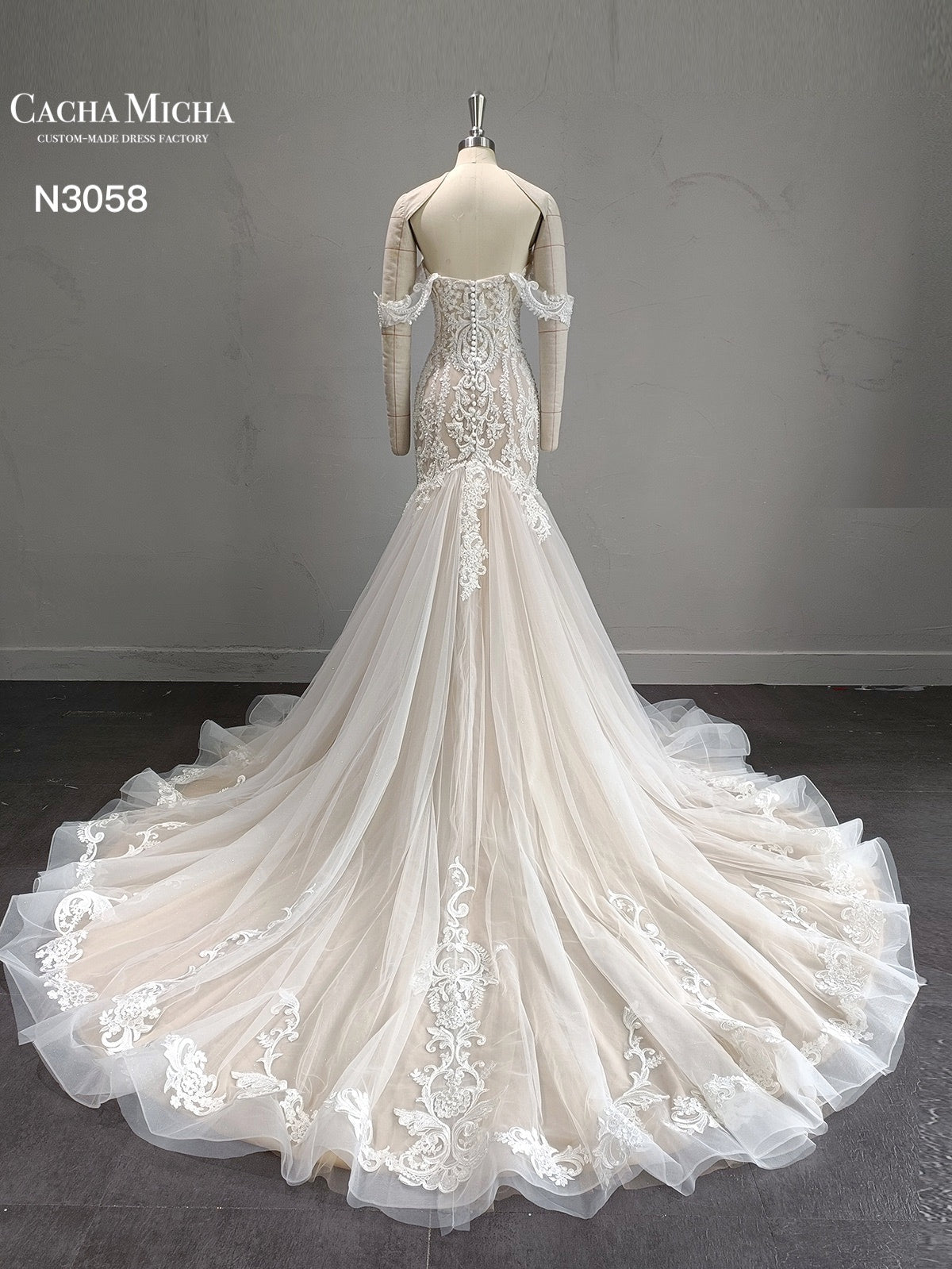 Off Shoulder Champagne Blush Color Unique Lace Mermaid Wedding Dress N3058