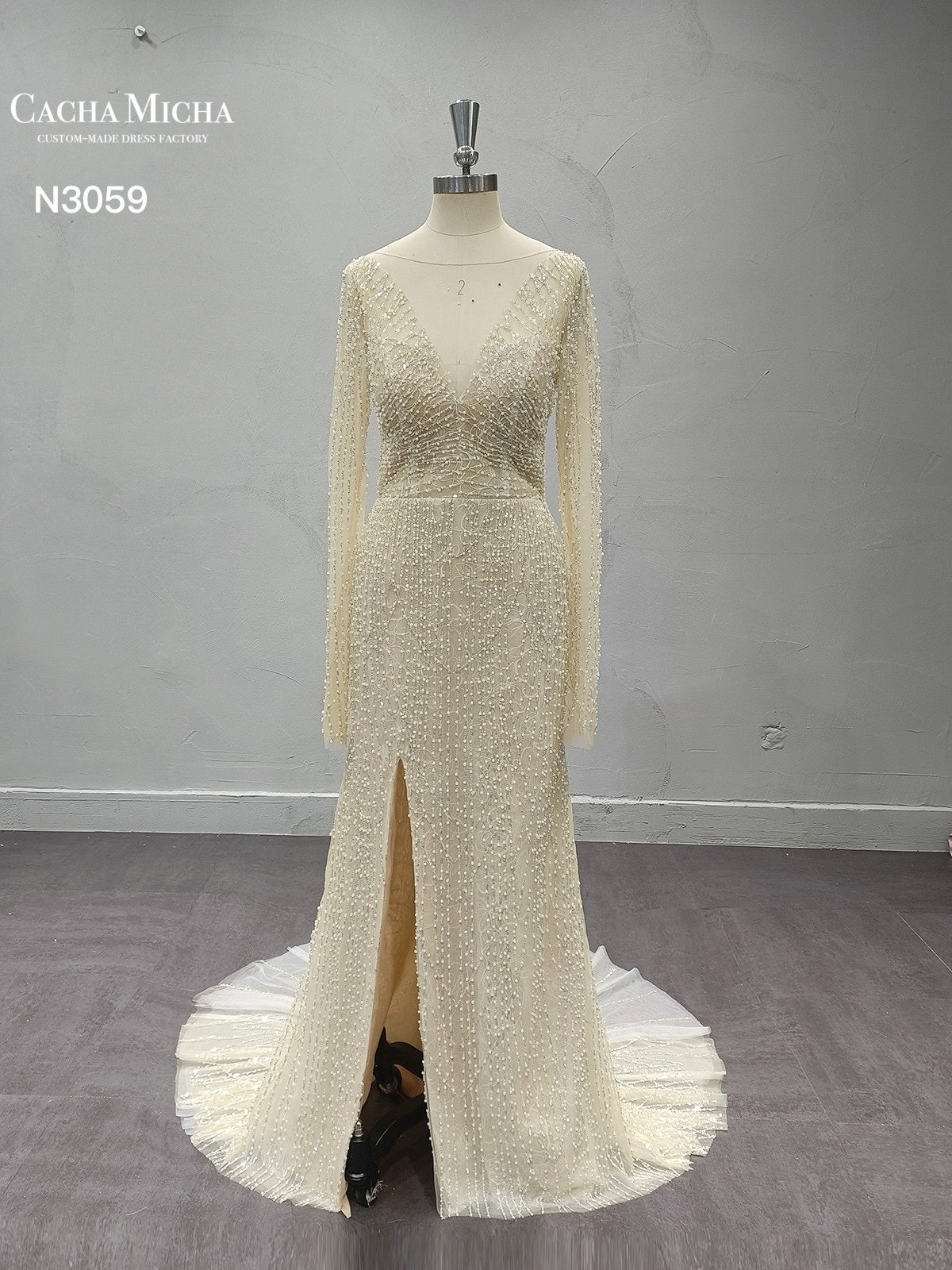Long Sleeve Heavy Beaded Champagne Wedding Dress N3059
