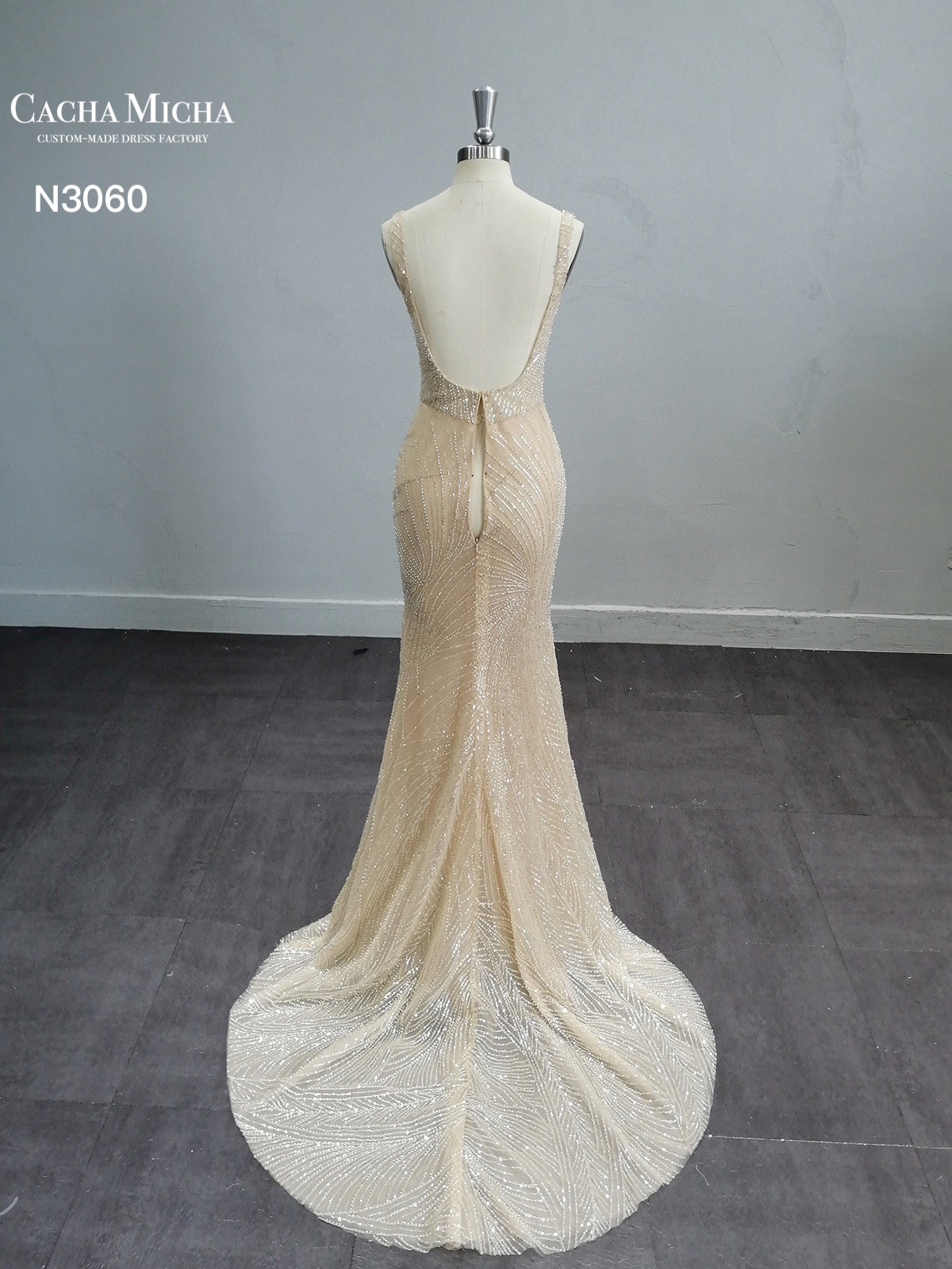 Stunning Heavy Beaded Lace Champagne Wedding Dress N3060