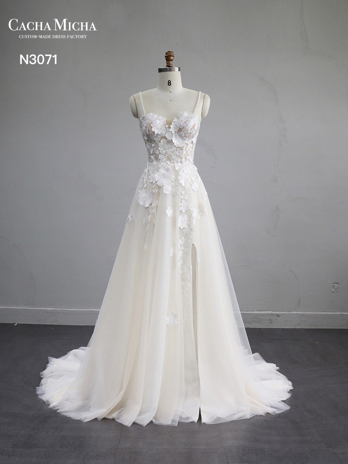 3D Flower Lace Applique Champagne A Line Wedding Dress N3071