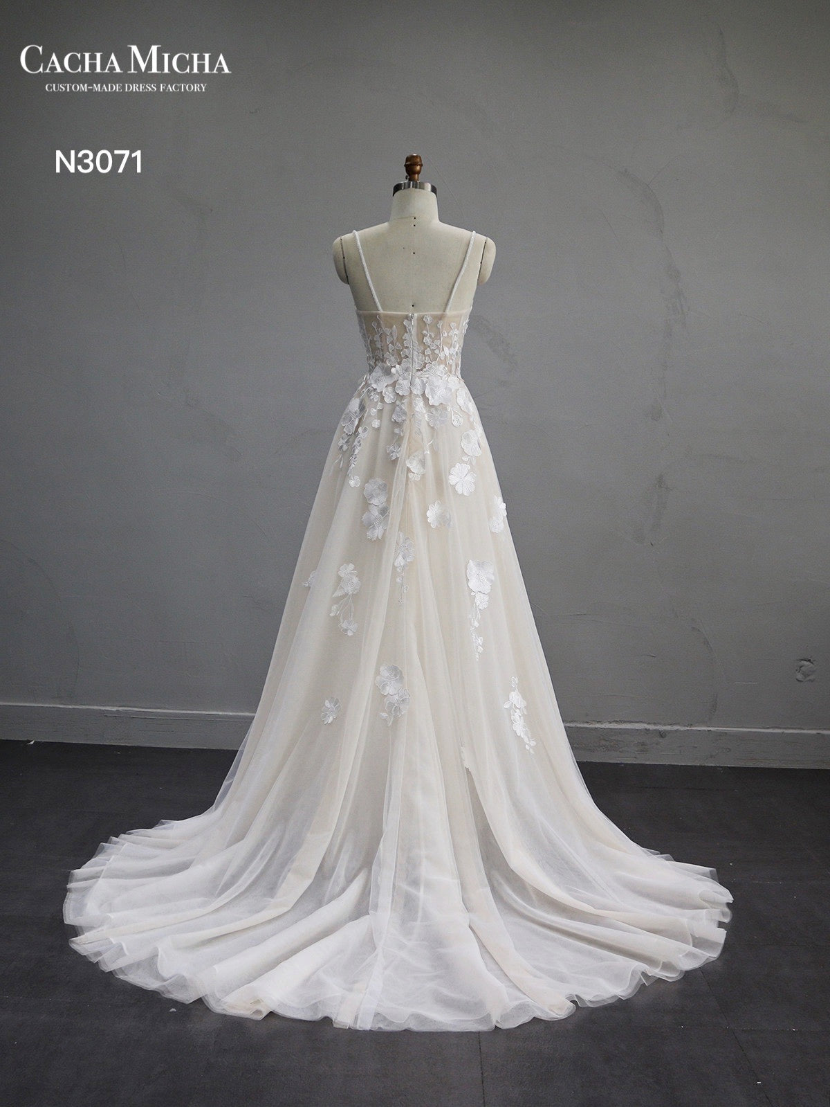 3D Flower Lace Applique Champagne A Line Wedding Dress N3071