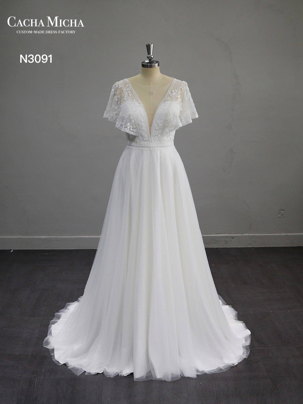 Classic Lace Top Boho A Line Wedding Dress N3091