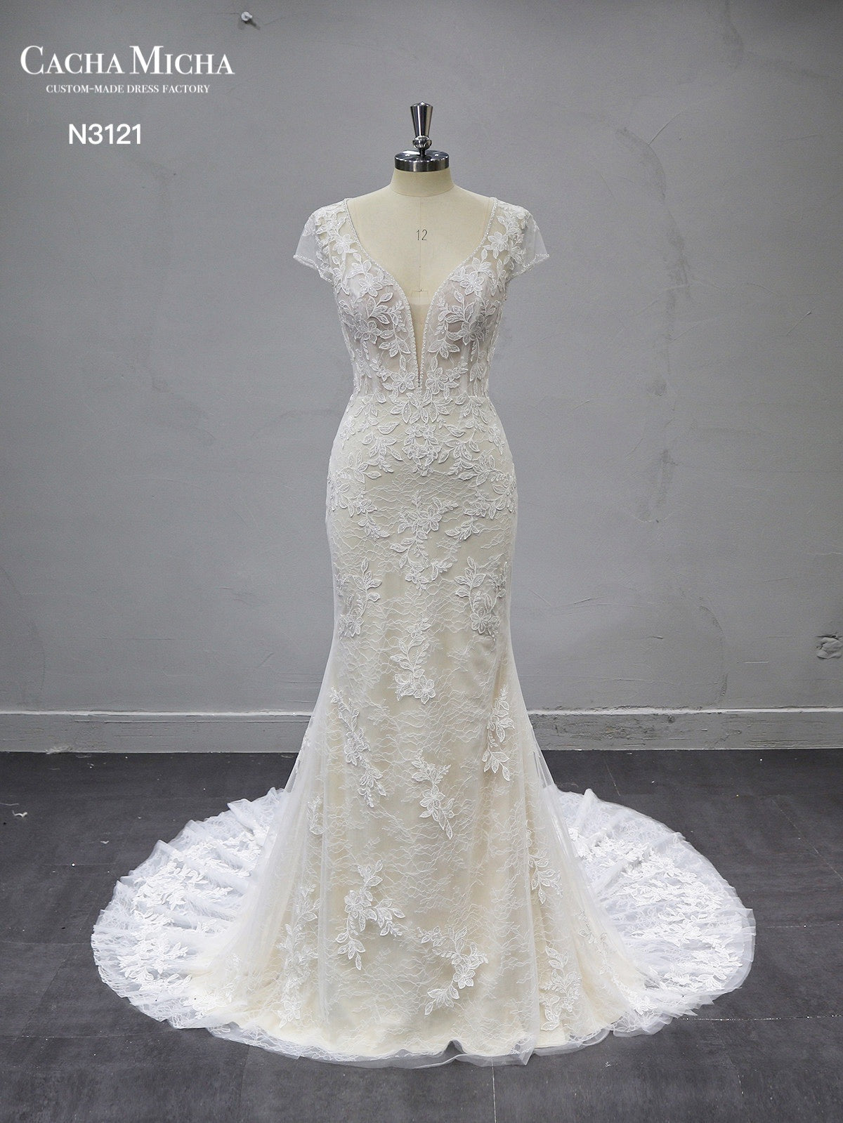 Champagne Lace Mermaid Wedding Dress With Over Skirt N3121