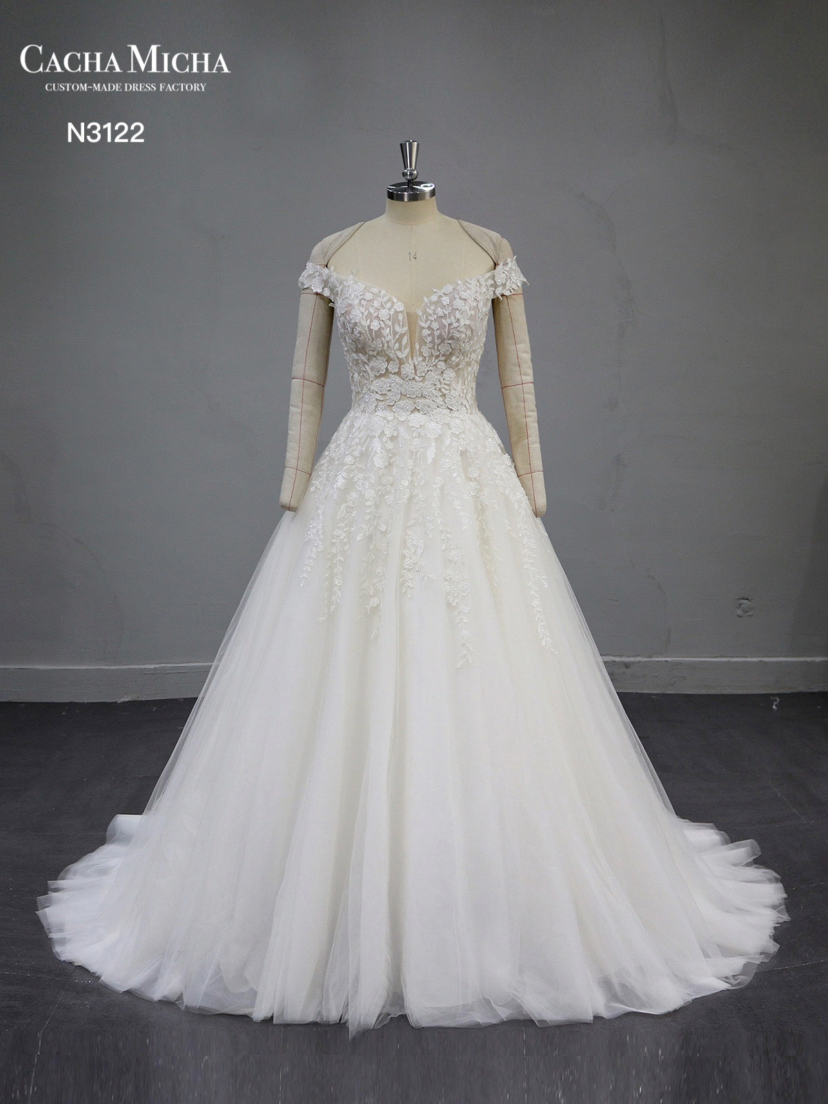 Beaded Lace Off Shoulder Champagne Wedding Dress N3122