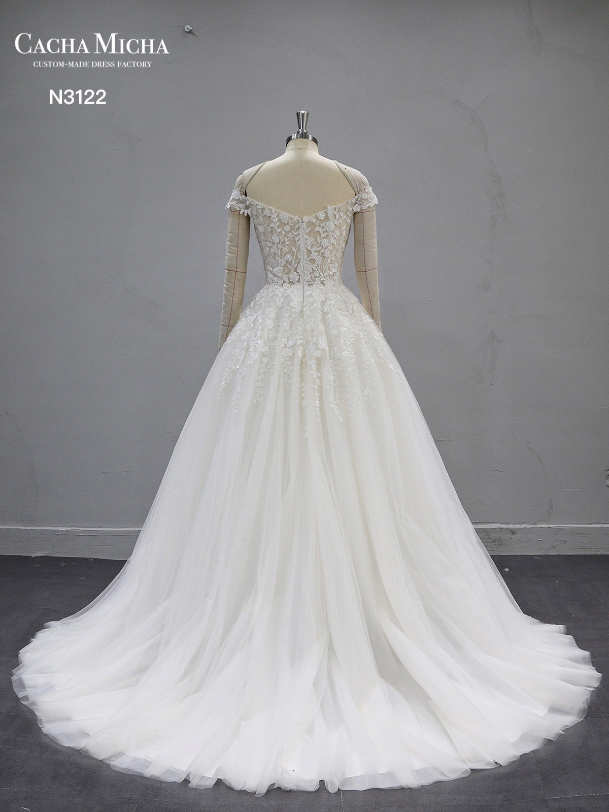 Beaded Lace Off Shoulder Champagne Wedding Dress N3122