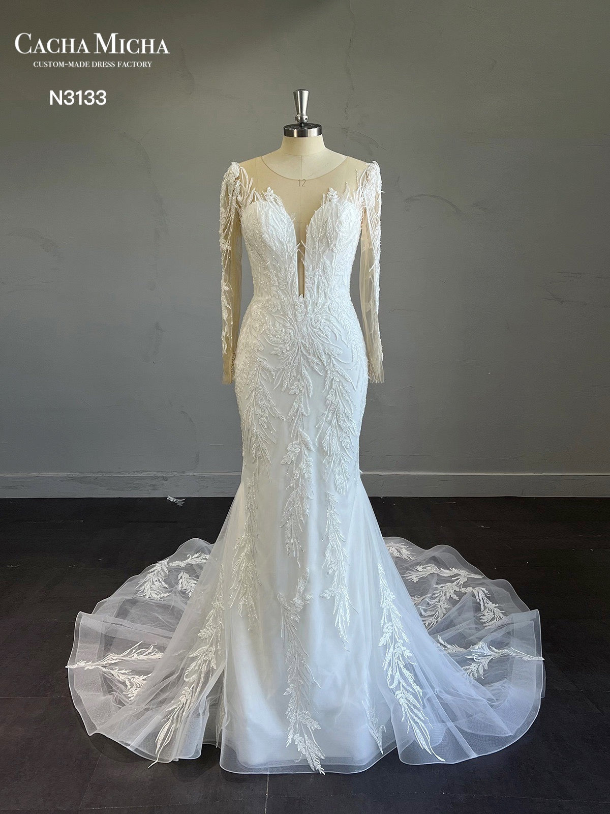 Long Sleeves Heavy Beaded Lace Wedding Dress N3133
