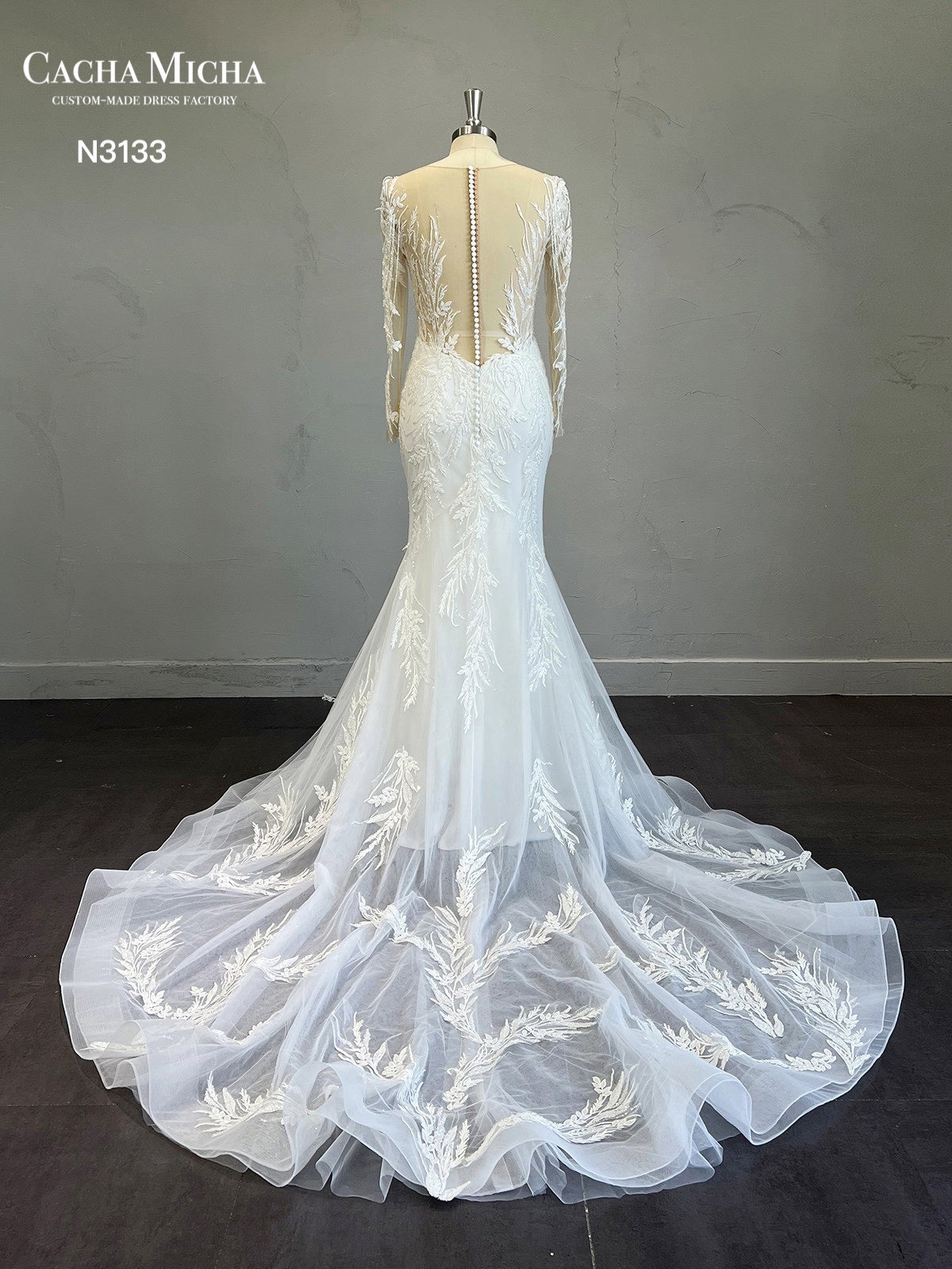 Long Sleeves Heavy Beaded Lace Wedding Dress N3133