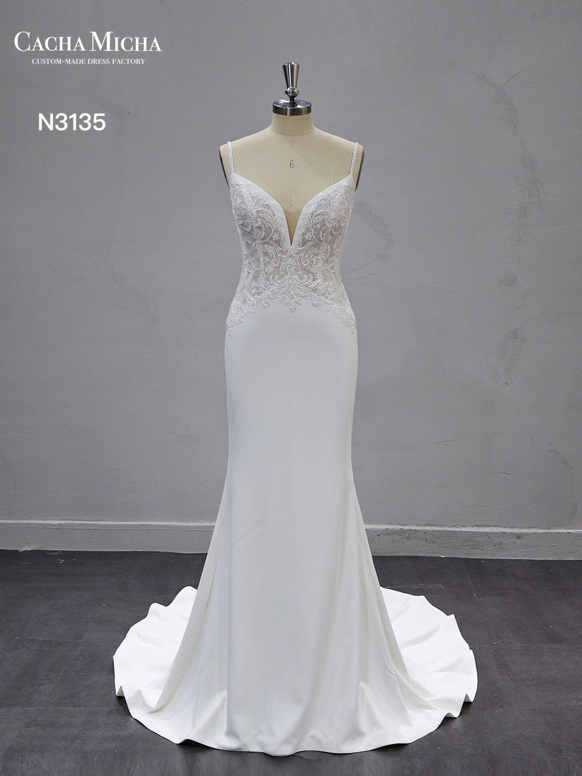 Beaded Lace top Crepe Mermaid Wedding Dress N3135