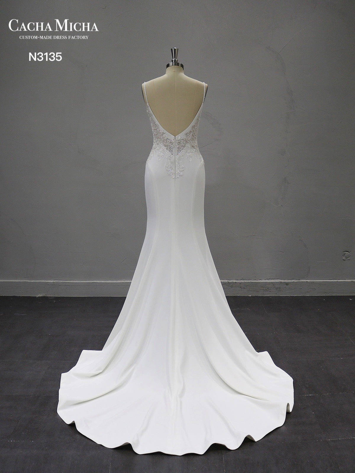 Beaded Lace top Crepe Mermaid Wedding Dress N3135