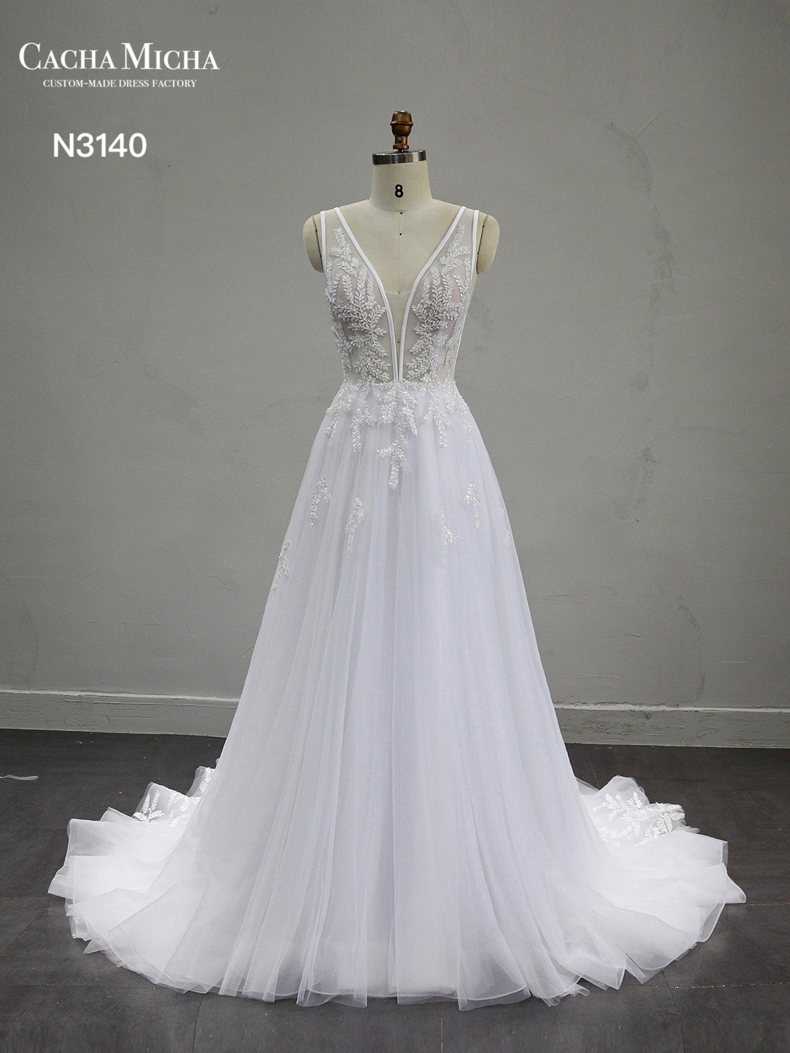 Handbeaded Lace A Line Tulle Wedding Dress N3140
