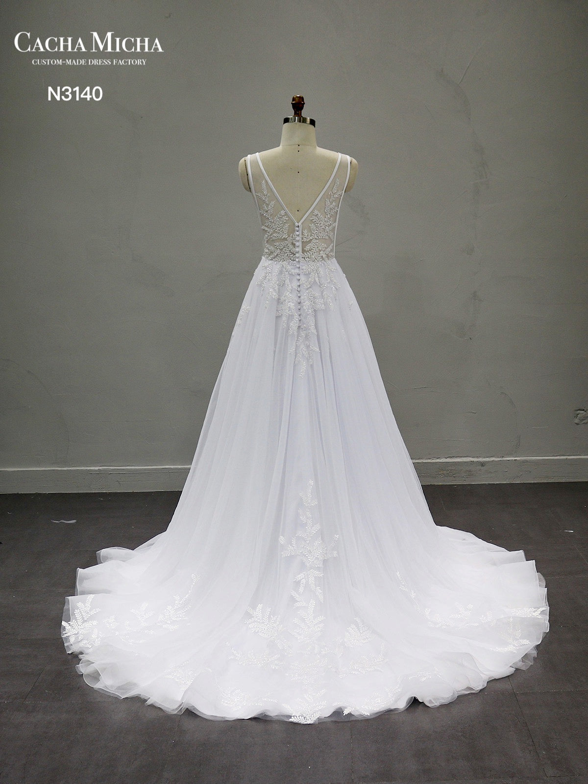 Handbeaded Lace A Line Tulle Wedding Dress N3140