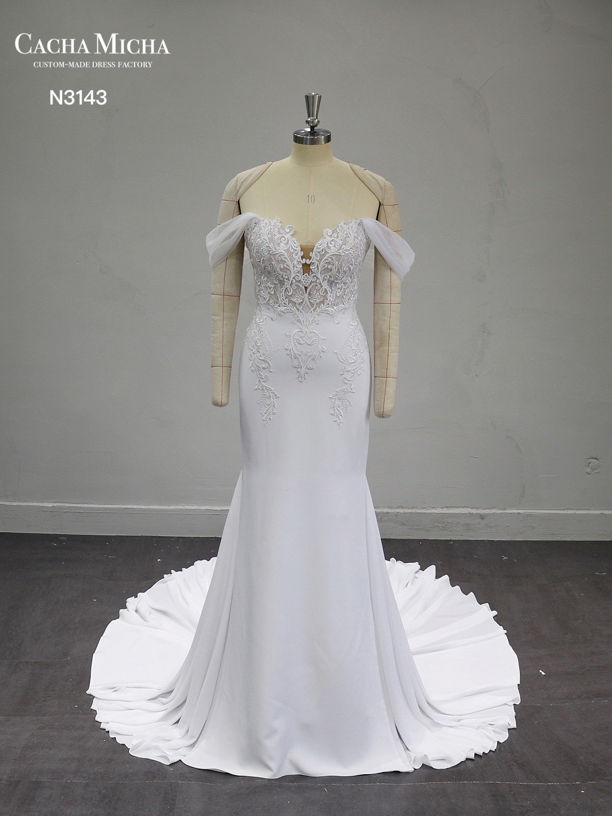 Off Shoulder Lace Crepe Wedding Dress N3143