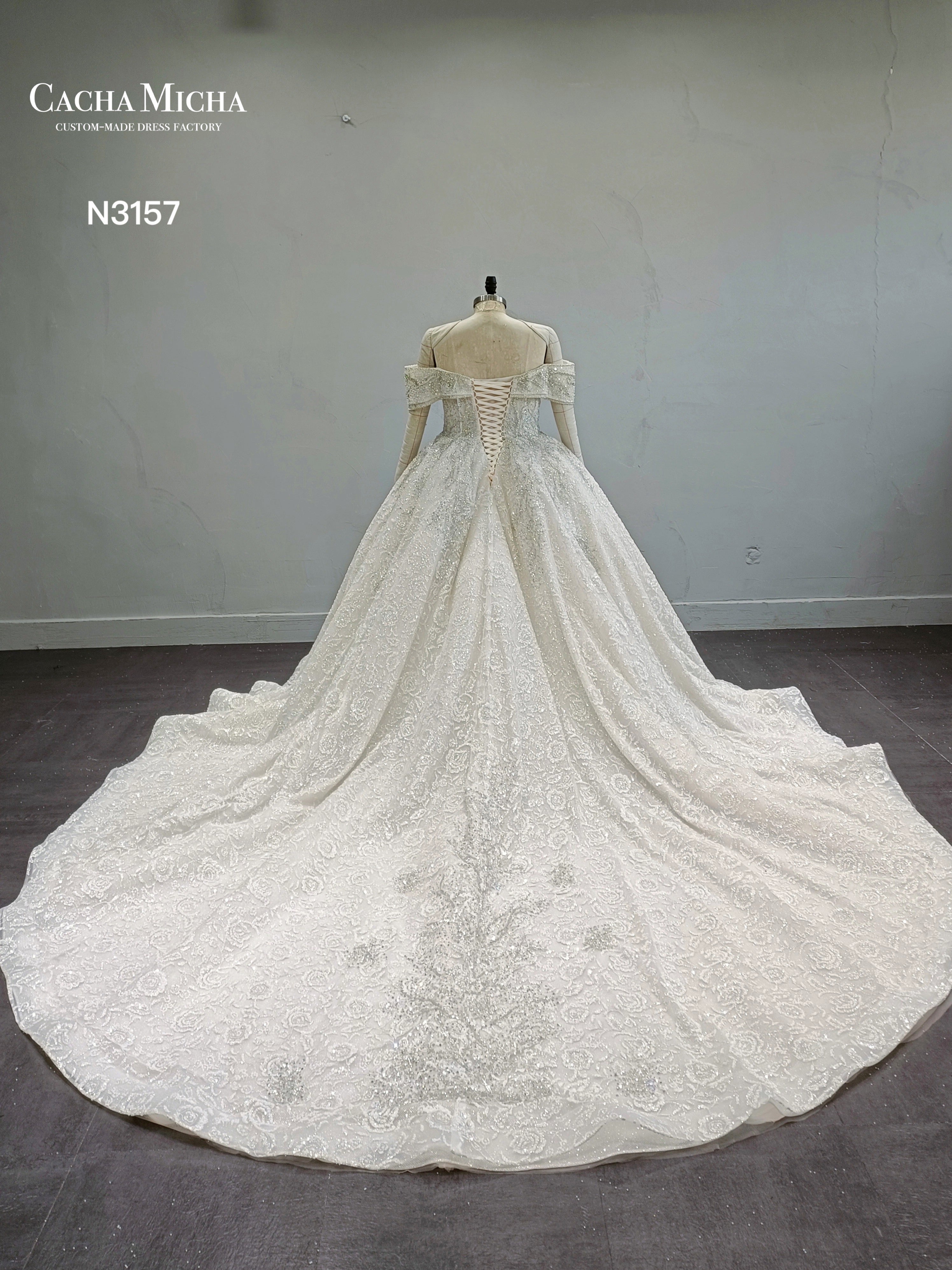 Champagne Glitter Lace Luxury Ball Gown Wedding Dress N3157