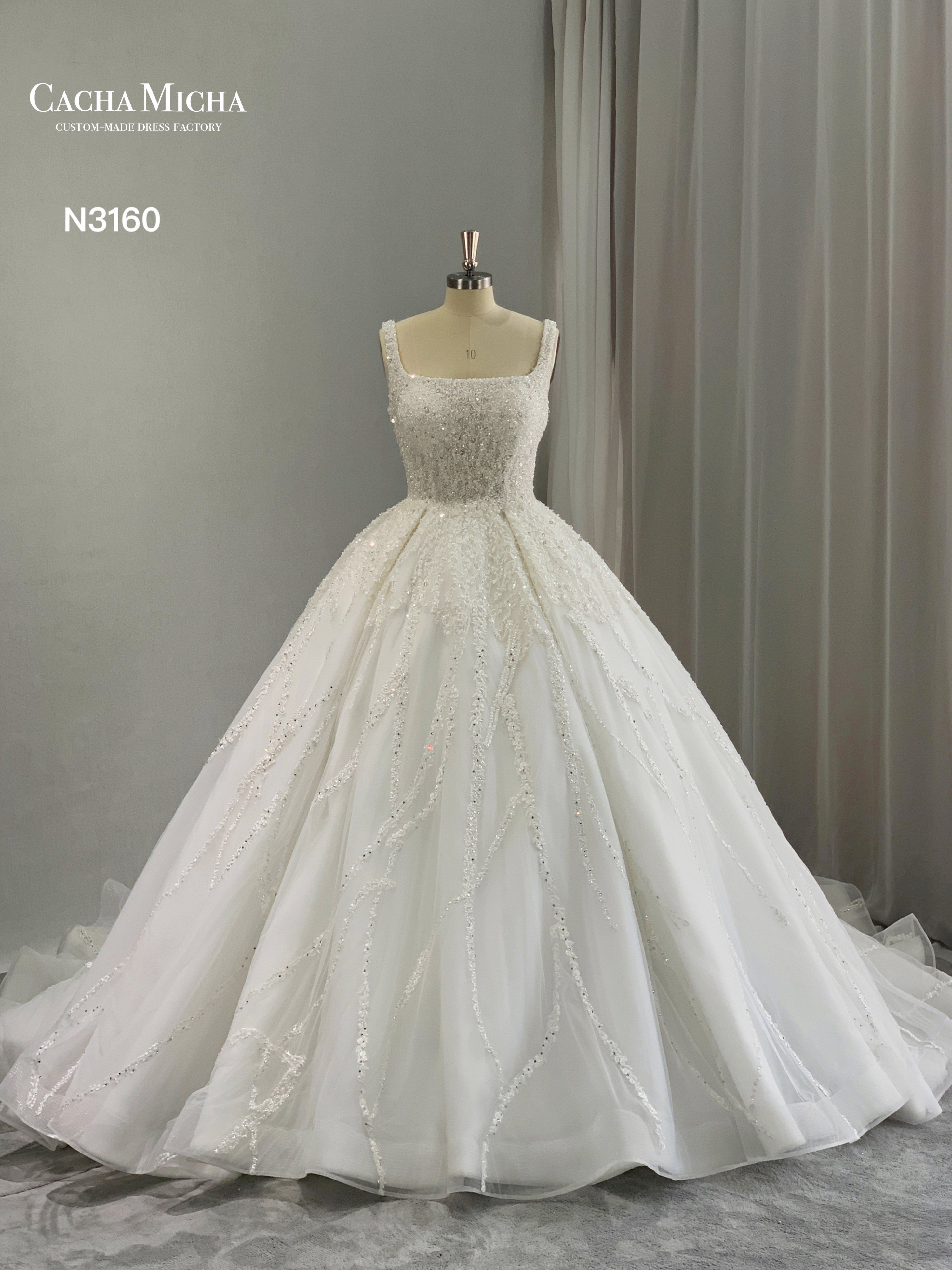Square Neck Heavy Beaded Lace Ball Gown Wedding Dress N3160