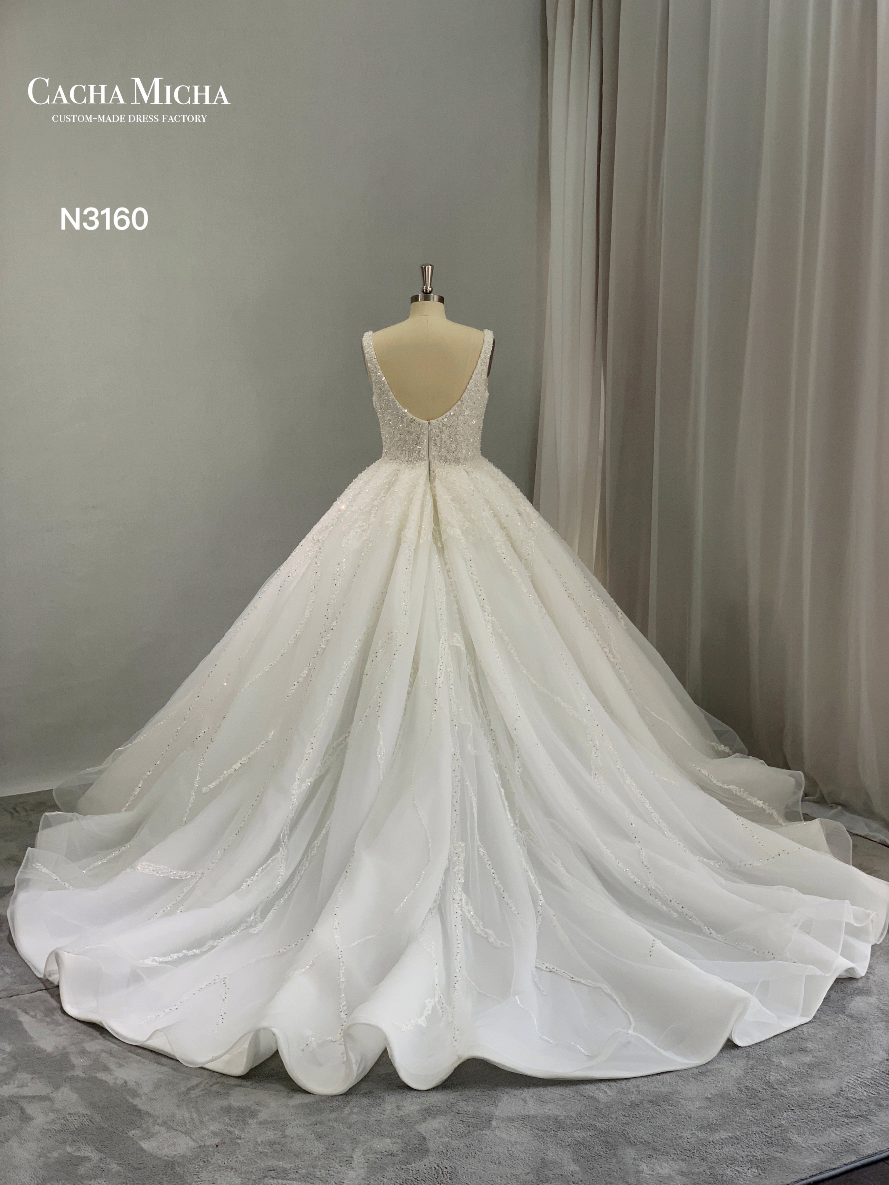 Square Neck Heavy Beaded Lace Ball Gown Wedding Dress N3160