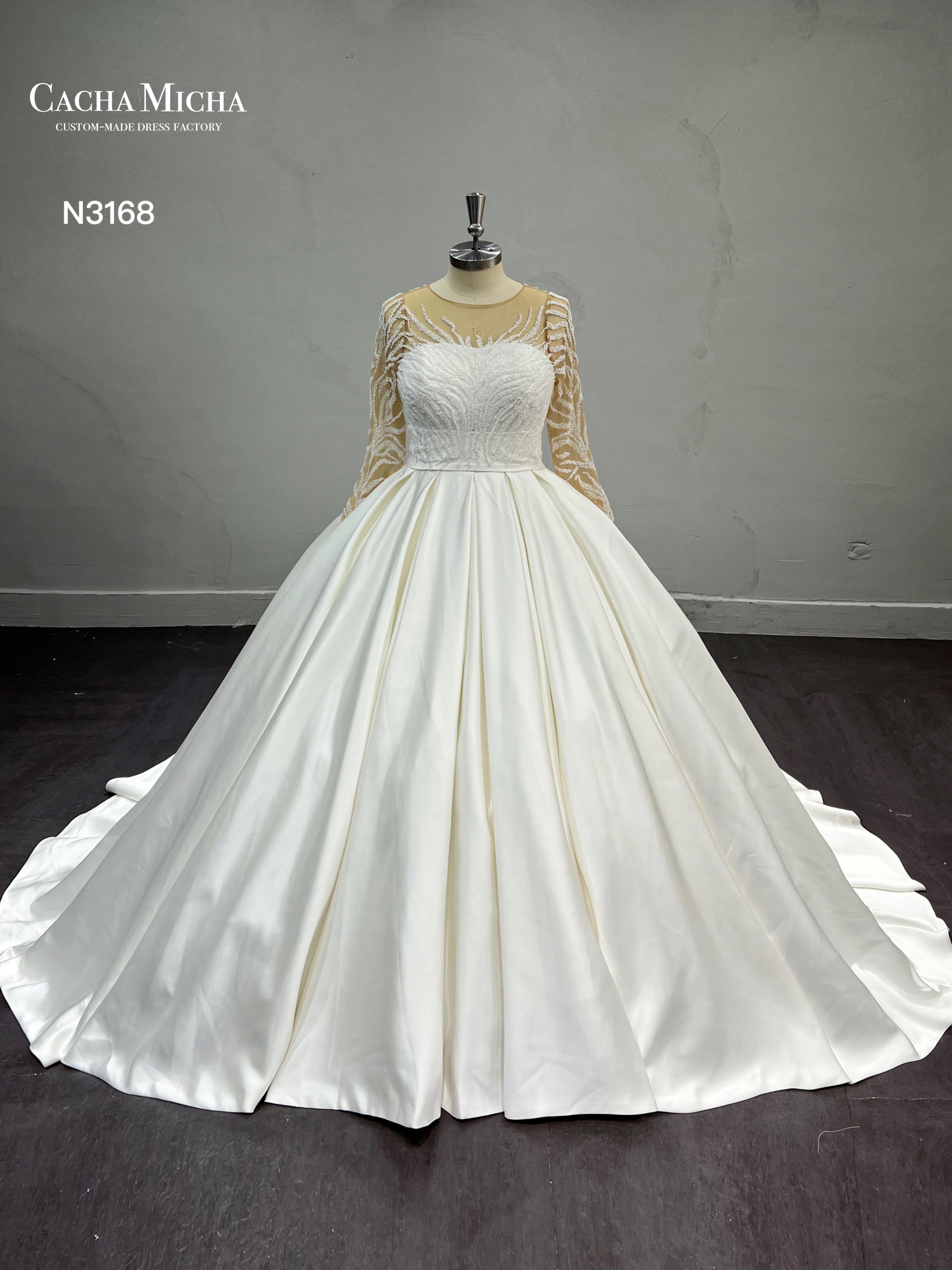 Beaded Long Sleeves Ball Gown Satin Wedding Dress N3168