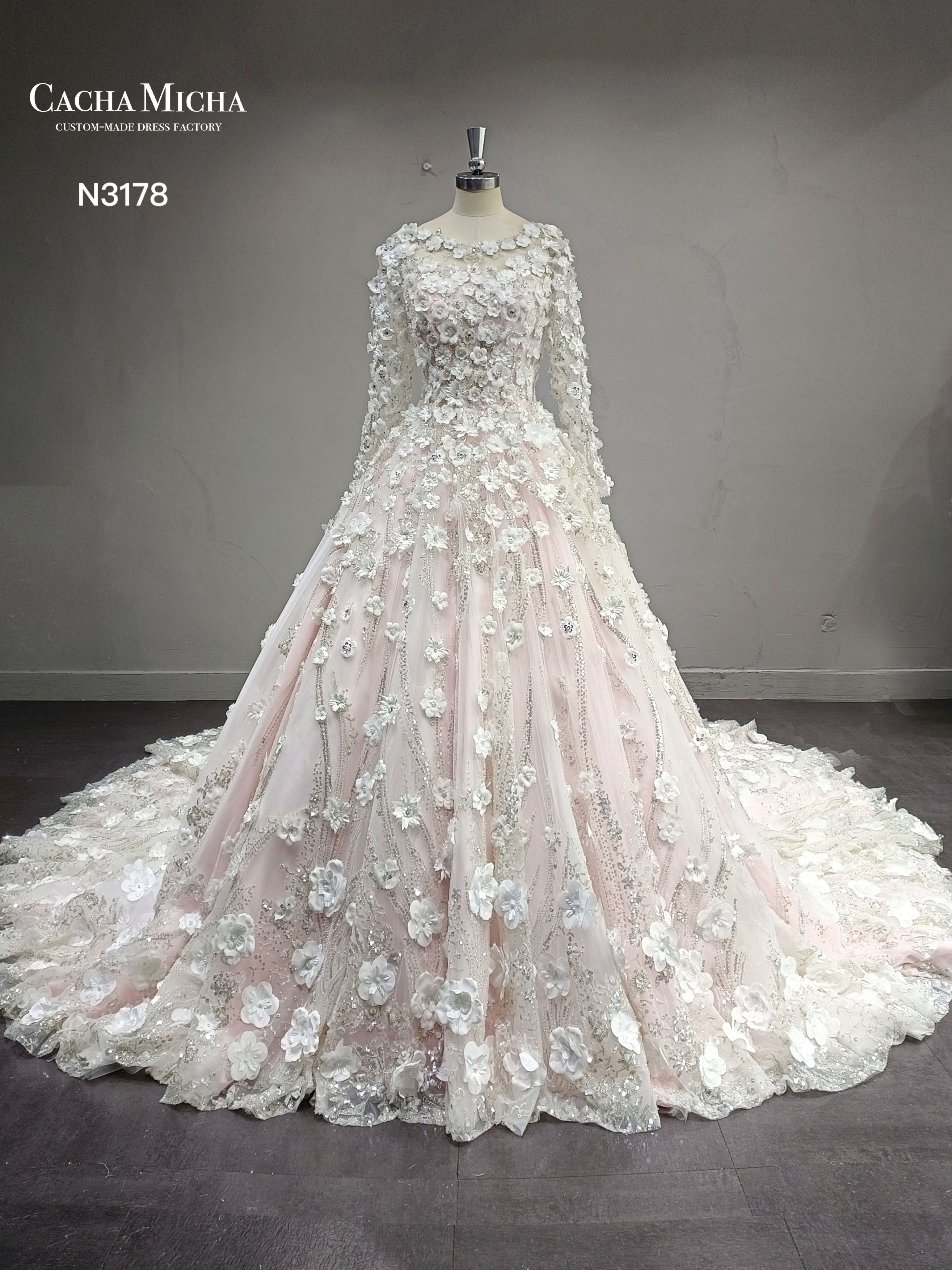 3D Flowers Blush Pink Ball Gown Wedding Dress N3178